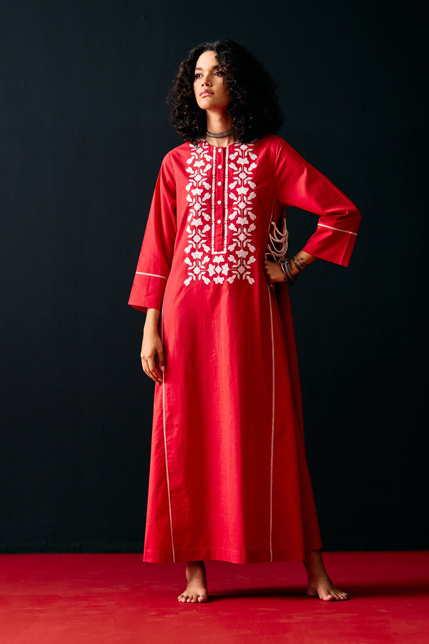 RED FLORAL A-LINE DRESS