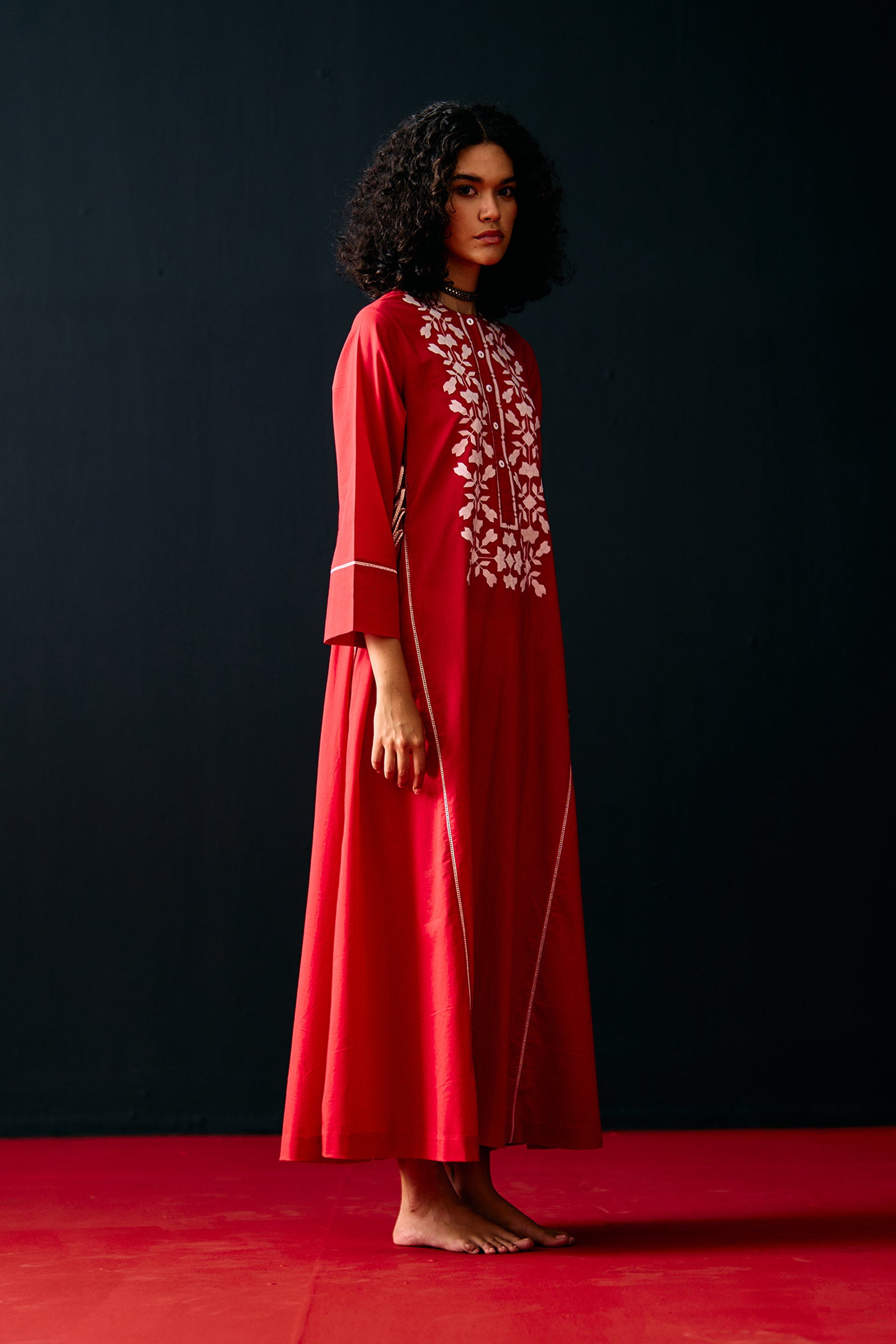 RED FLORAL A-LINE DRESS