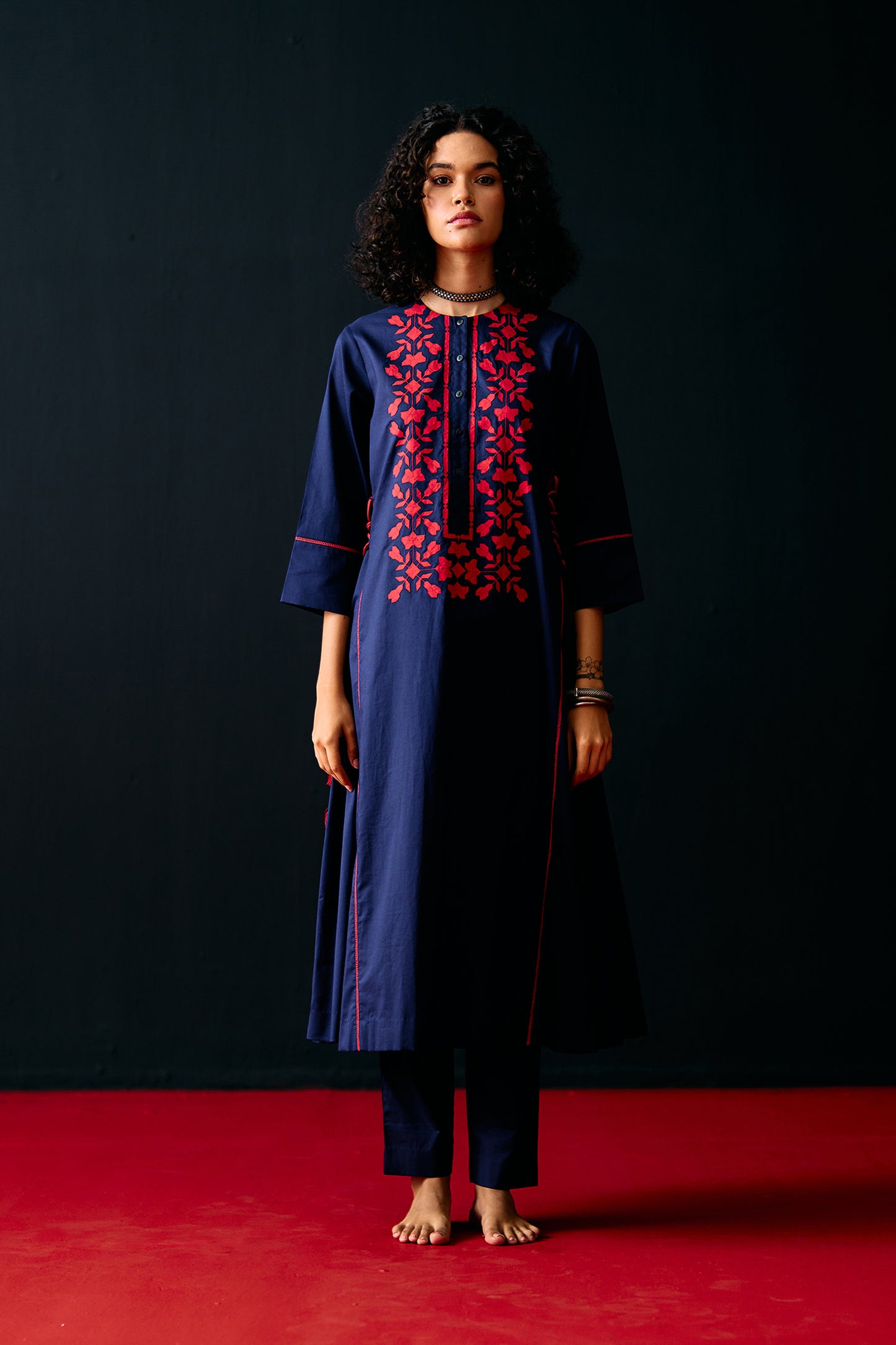 NAVY FLORAL A-LINE KAMEEZ
