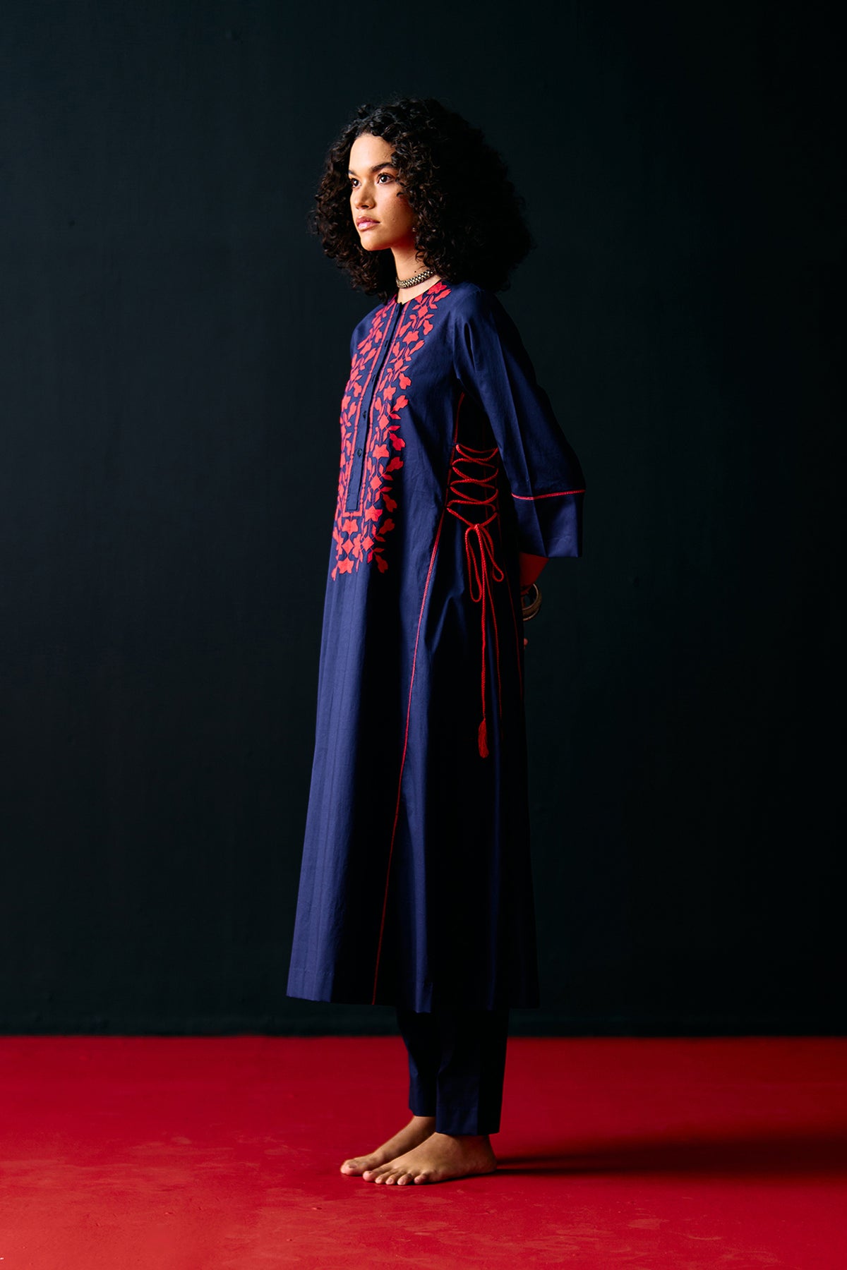 NAVY FLORAL A-LINE KAMEEZ