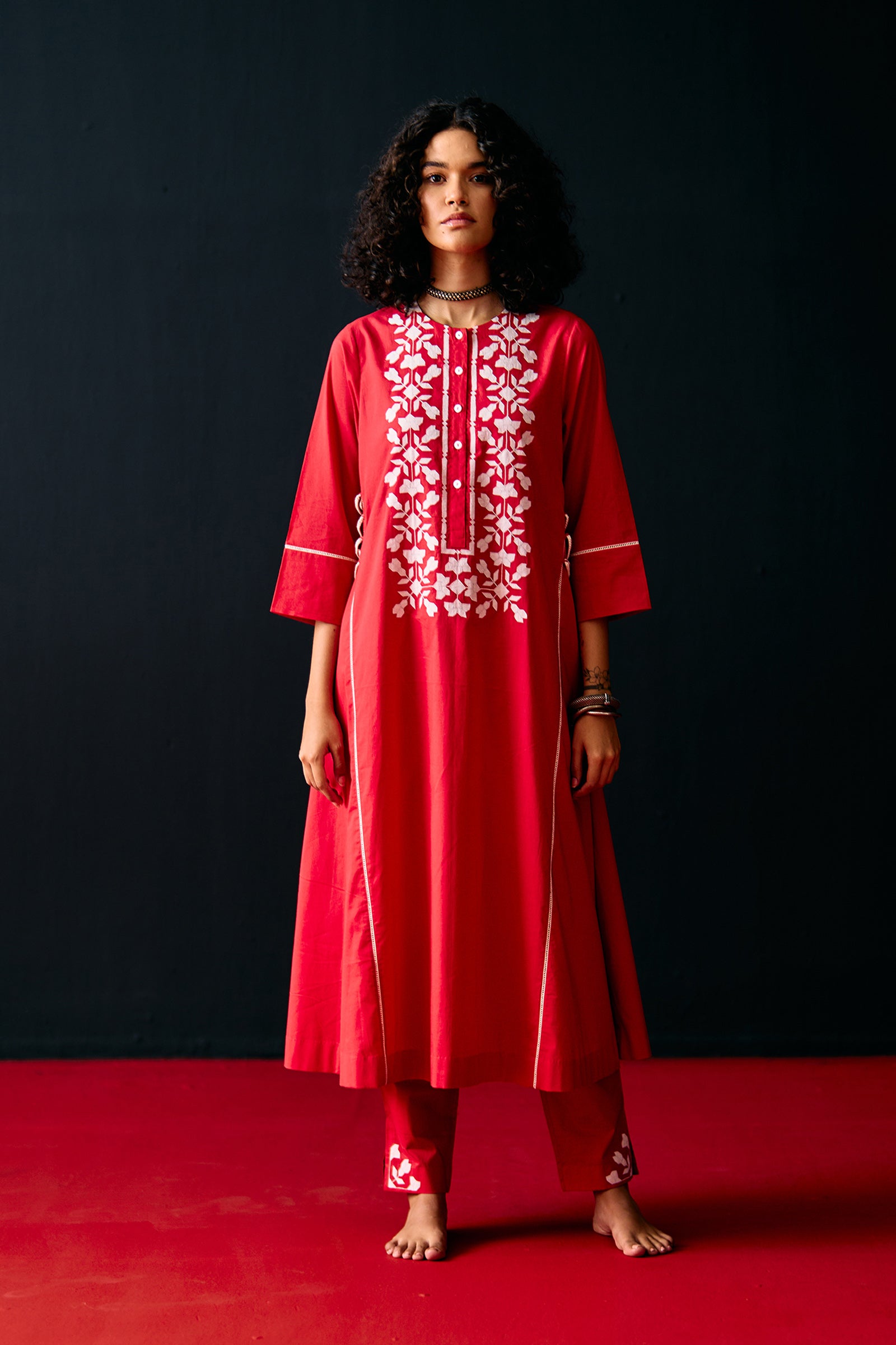 RED FLORAL A-LINE KAMEEZ