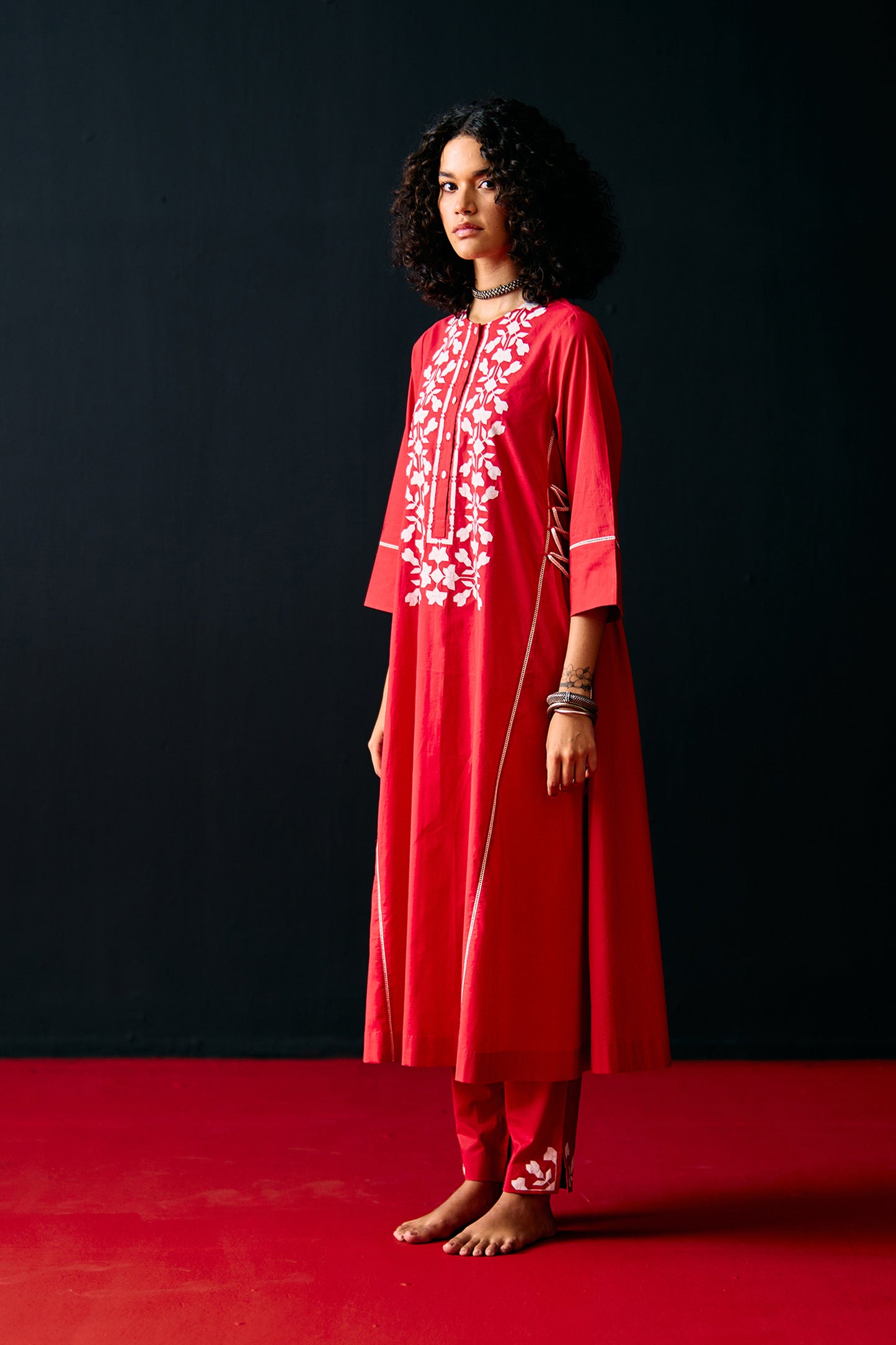 RED FLORAL A-LINE KAMEEZ