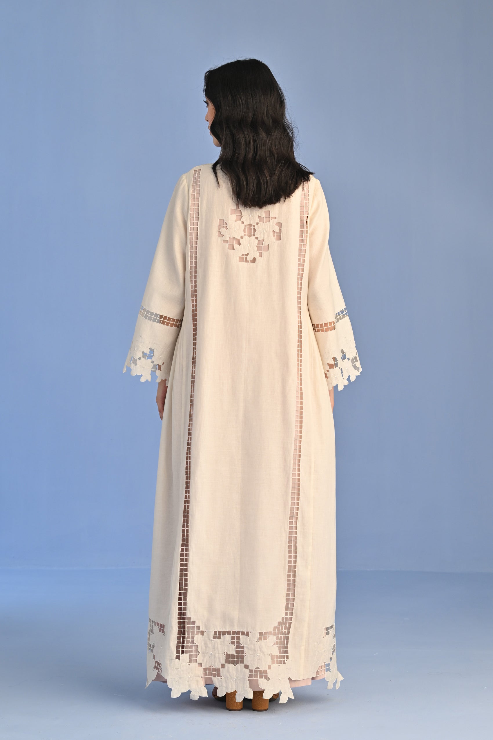A-LINE PLEATED DRESS WITH APPLIQUE' AND CUTWORK