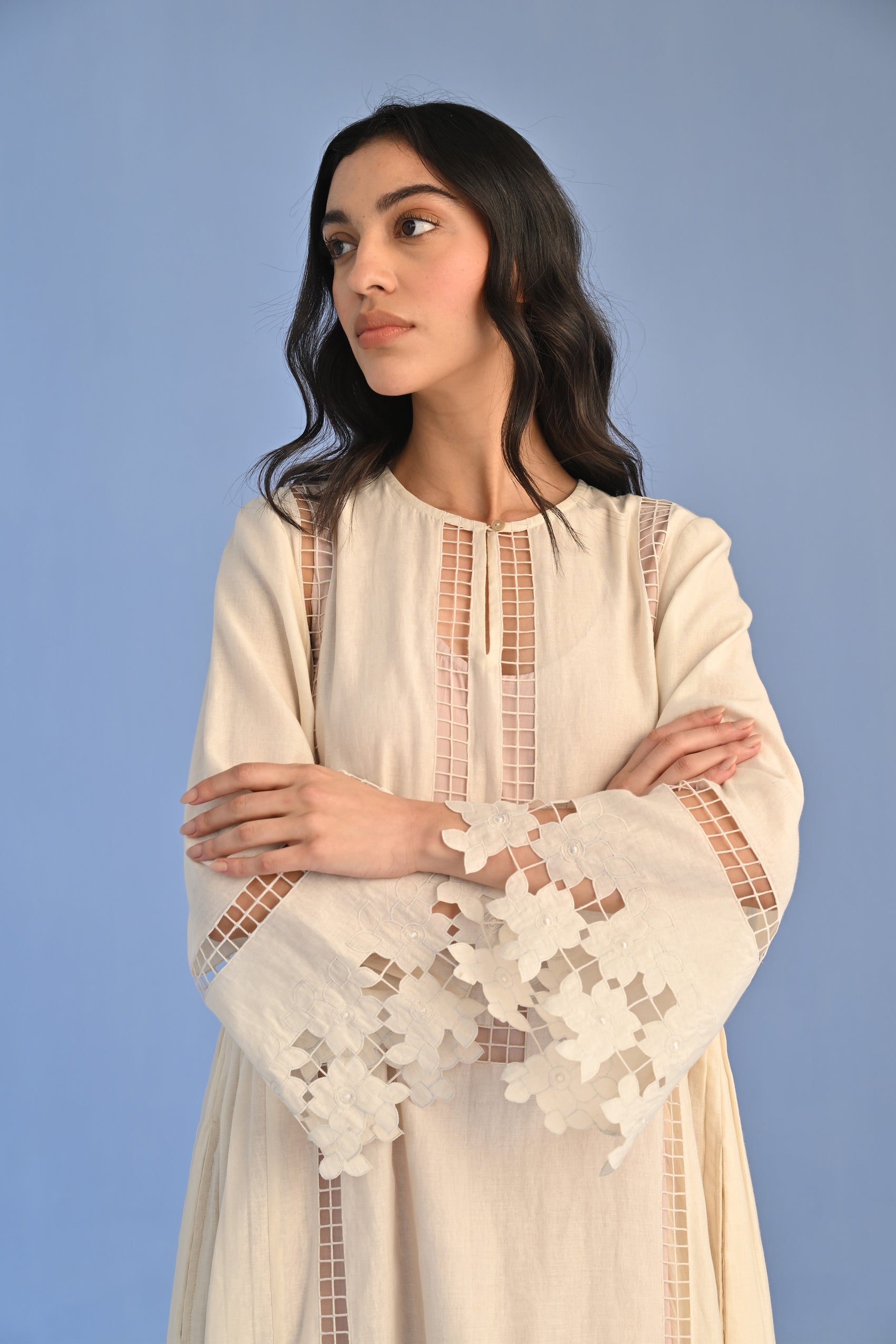 A-LINE PLEATED DRESS WITH APPLIQUE' AND CUTWORK