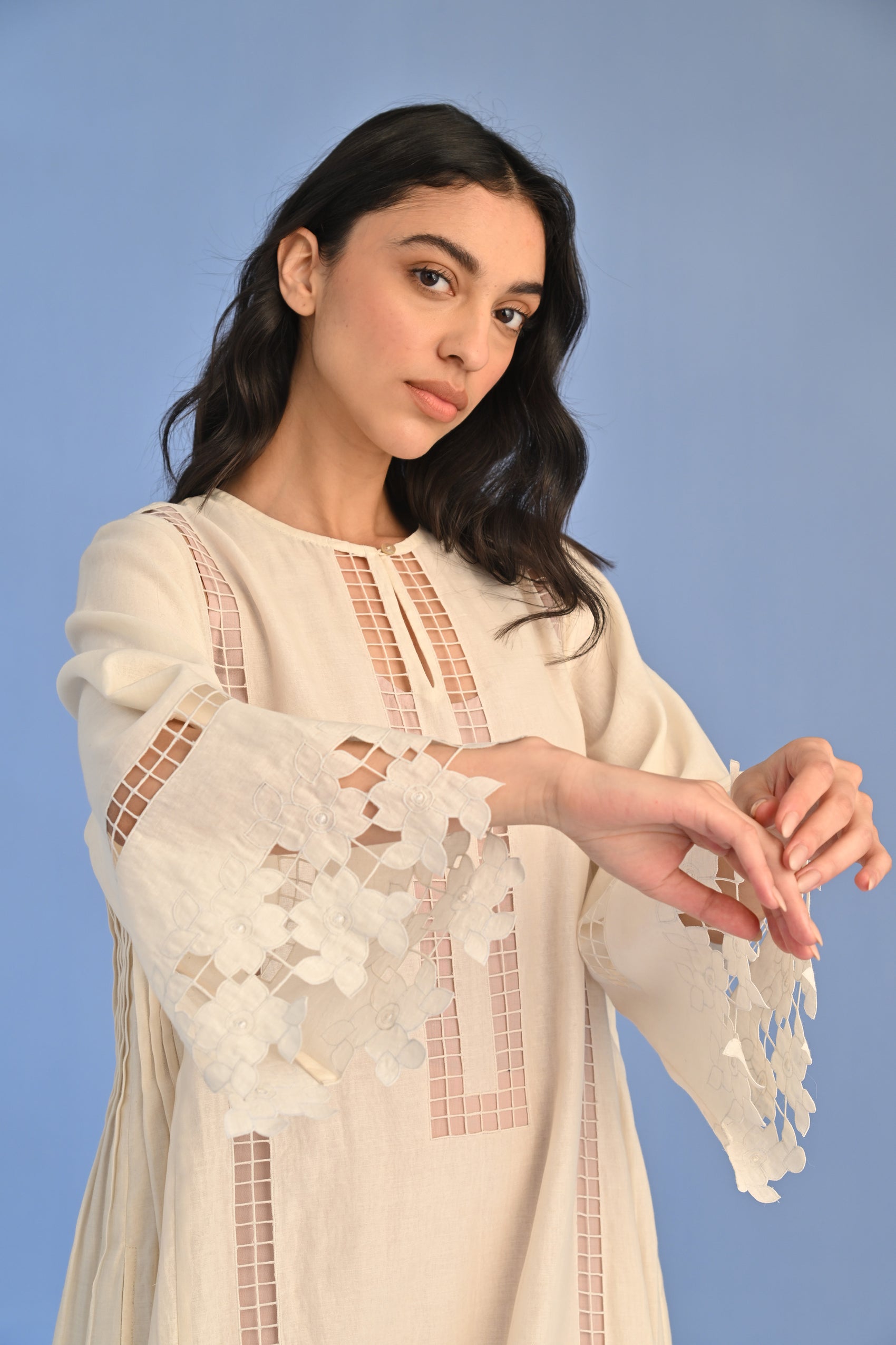 A-LINE PLEATED DRESS WITH APPLIQUE' AND CUTWORK