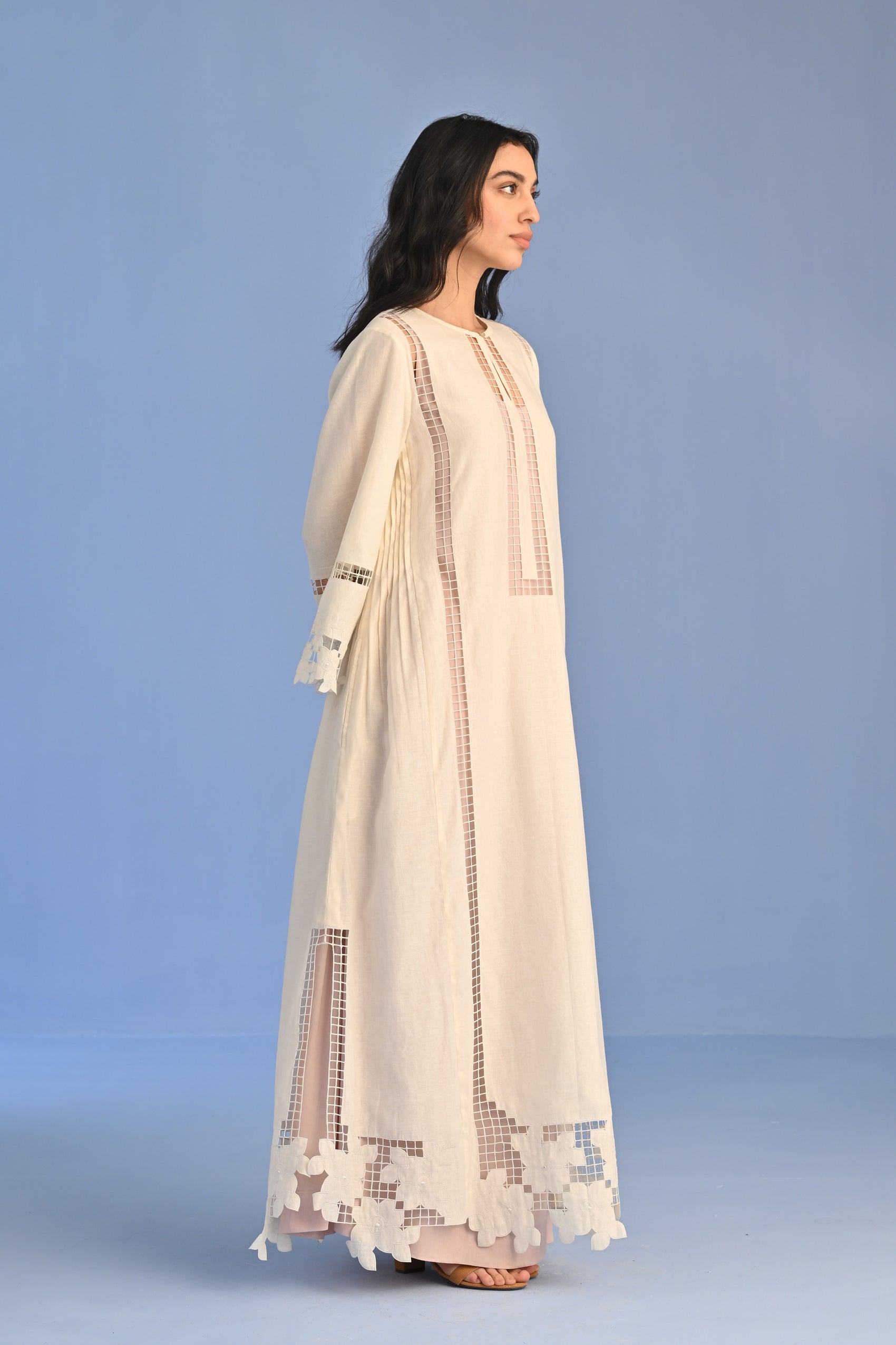 A-LINE PLEATED DRESS WITH APPLIQUE' AND CUTWORK