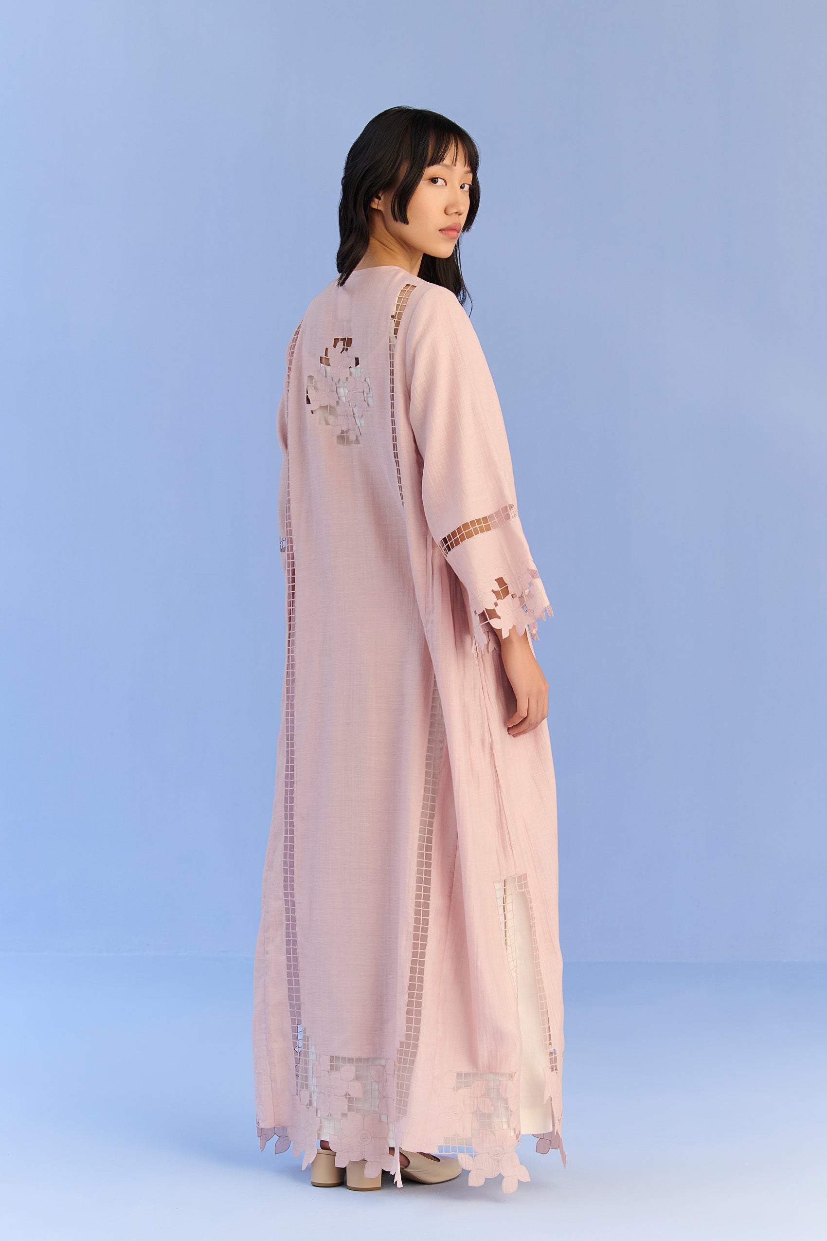 A-LINE PLEATED DRESS WITH APPLIQUE' AND CUTWORK