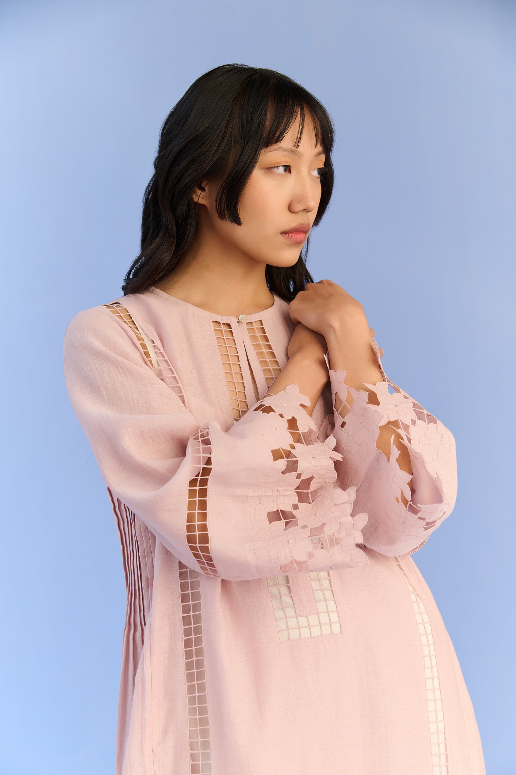 A-LINE PLEATED DRESS WITH APPLIQUE' AND CUTWORK