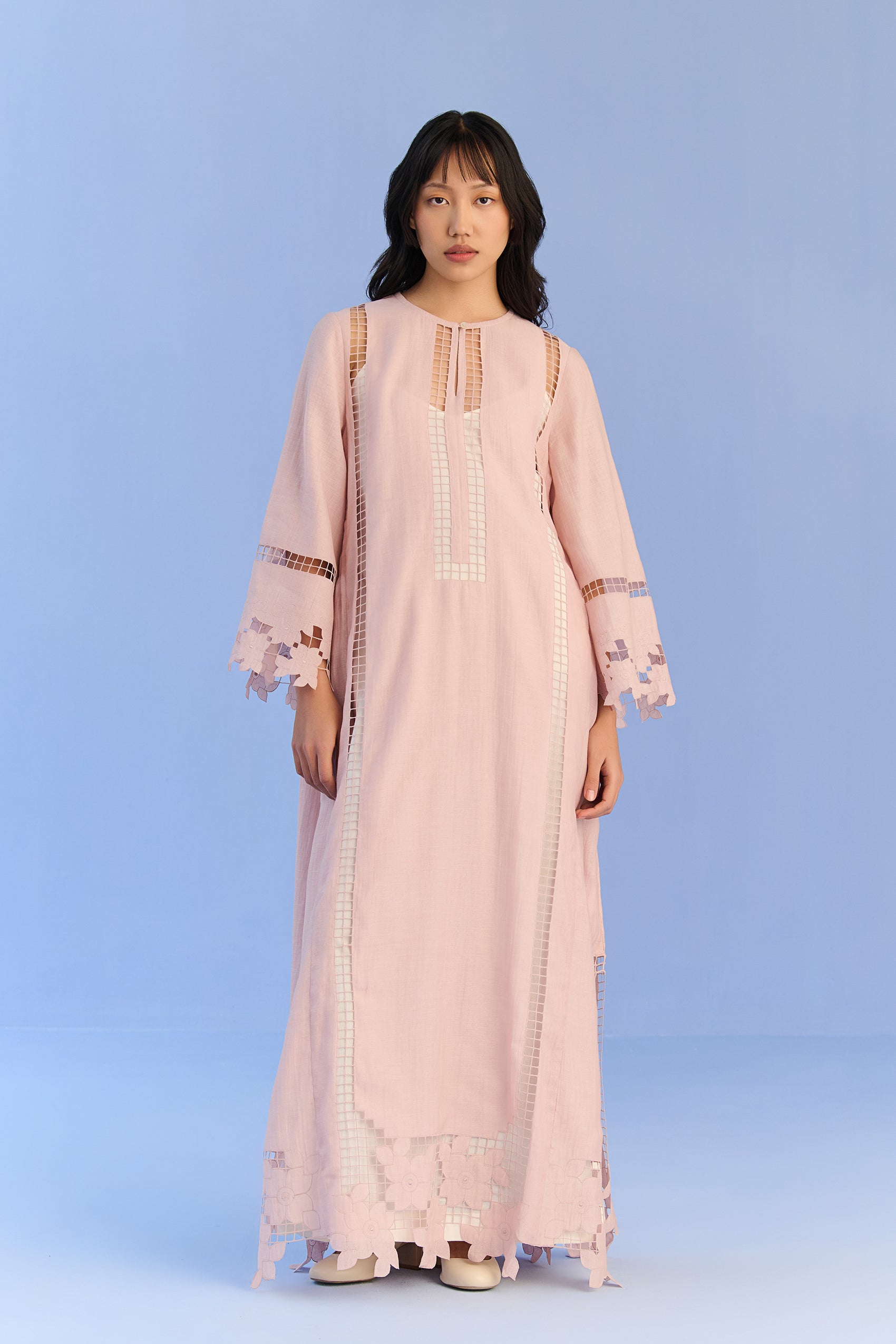 A-LINE PLEATED DRESS WITH APPLIQUE' AND CUTWORK