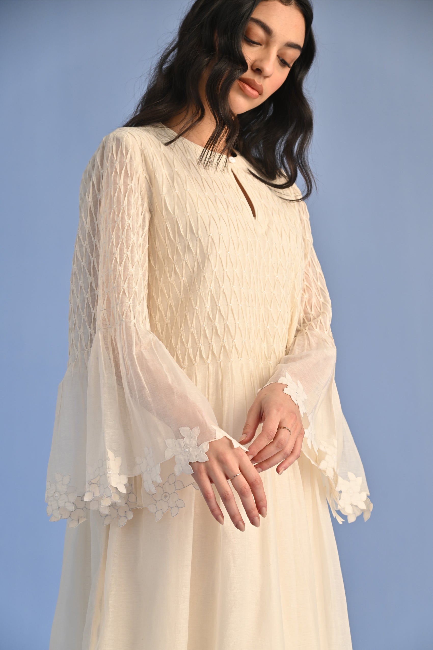 PLEATED APPLIQUE' AND CUTWORK DRESS