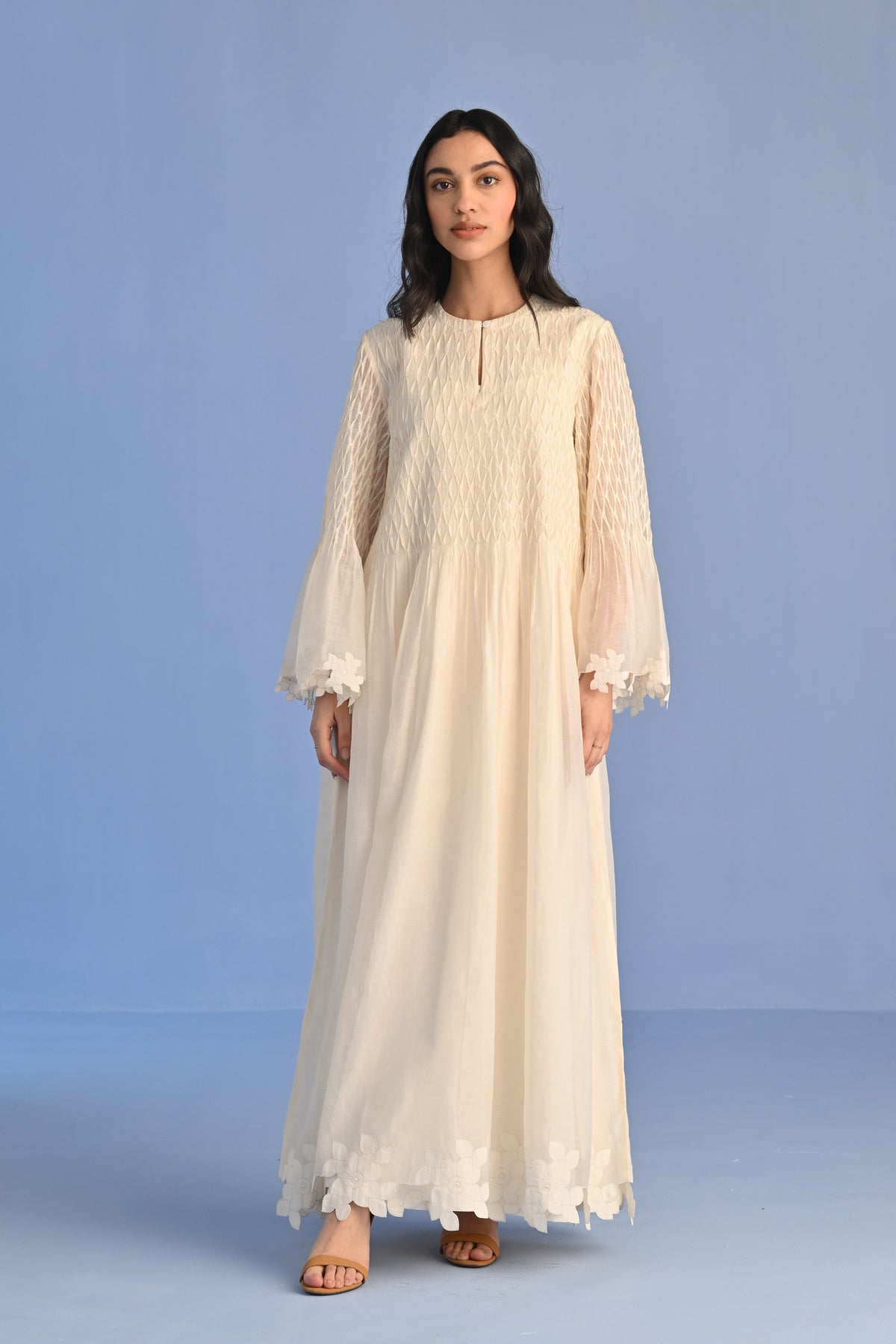 PLEATED APPLIQUE' AND CUTWORK DRESS