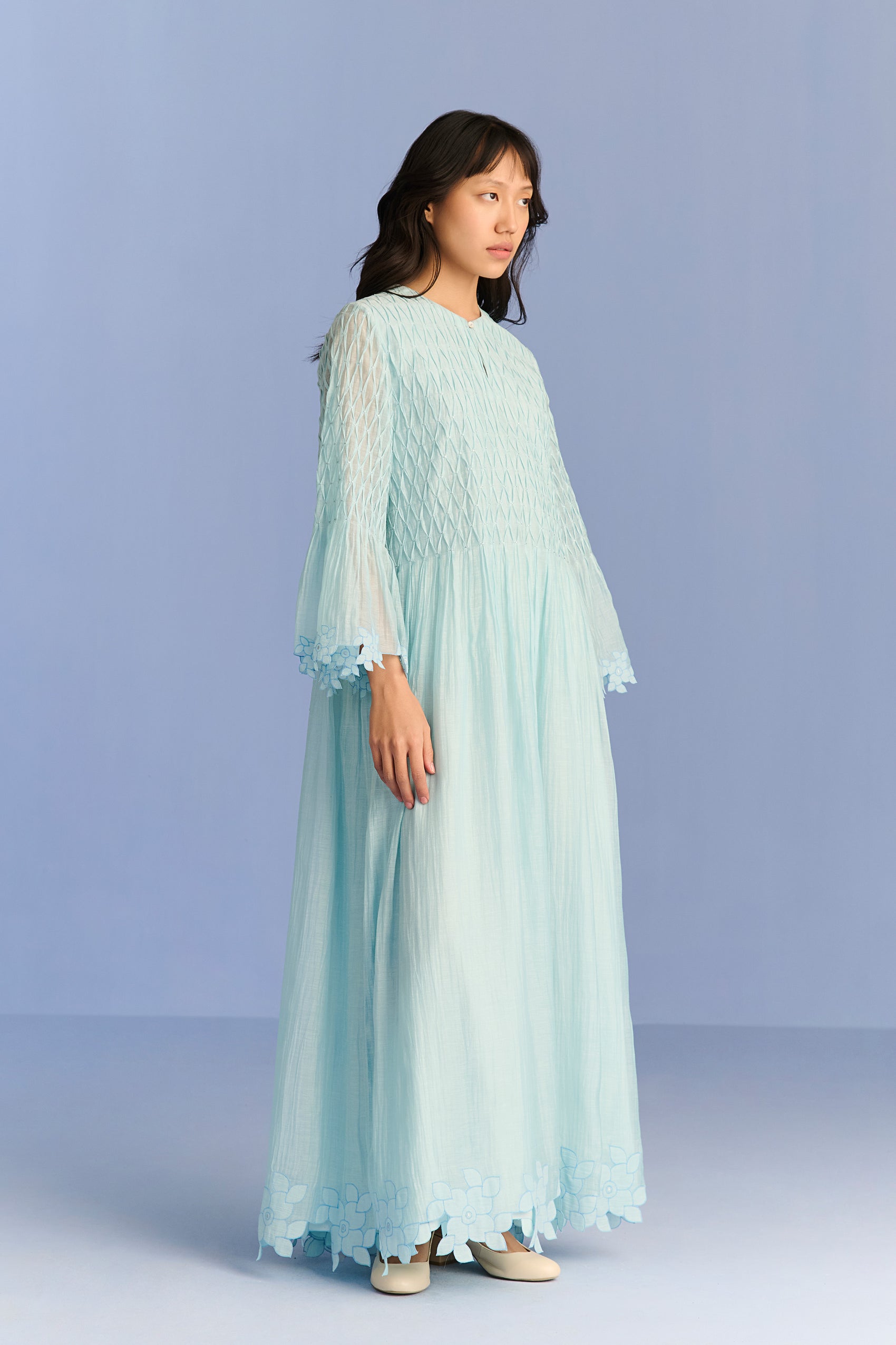 PLEATED APPLIQUE' AND CUTWORK DRESS