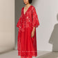 GEOMETRIC AND FLORAL CUTWORK KAFTAN RED