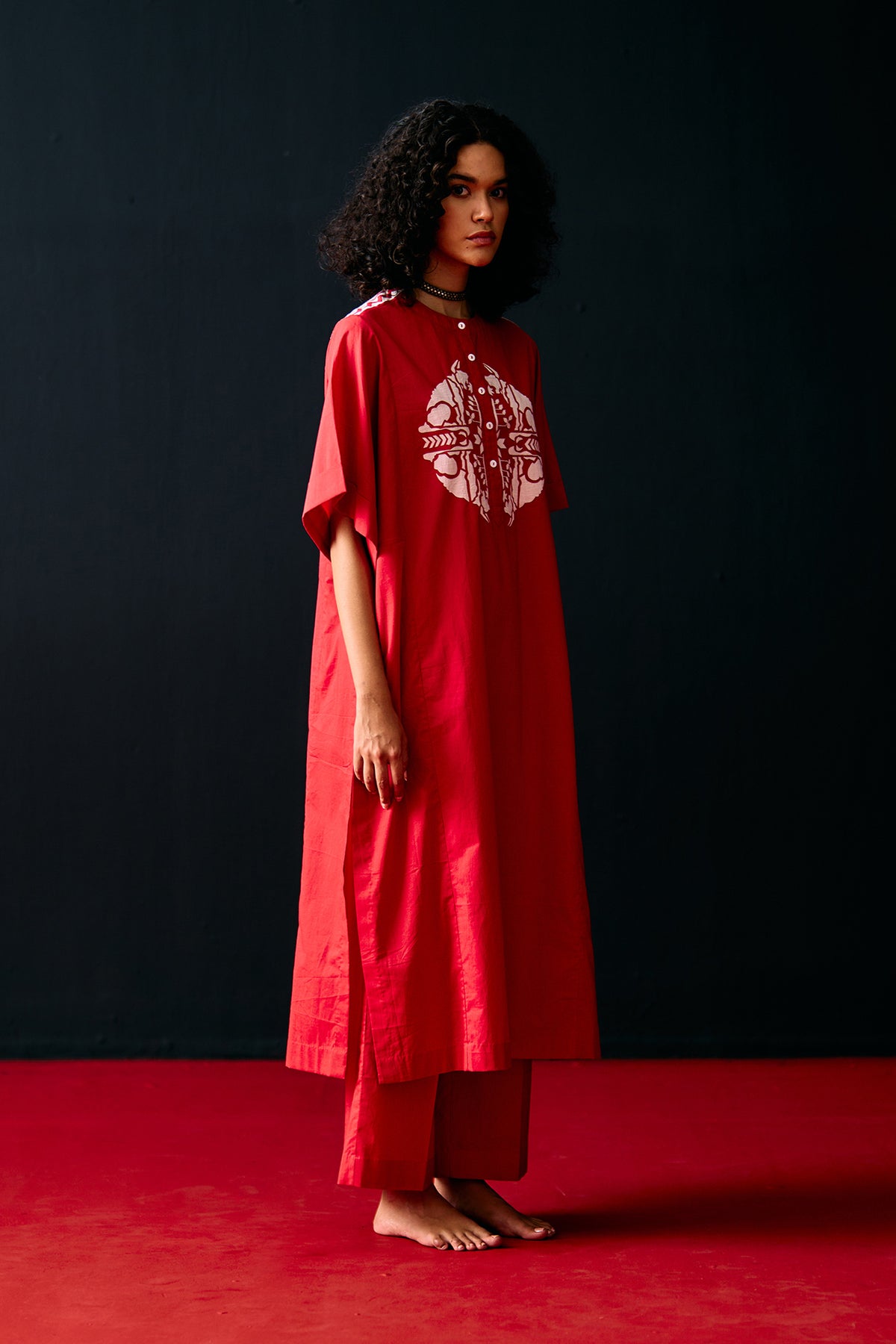 RED TRIBAL APPLIQUE' KAFTAN