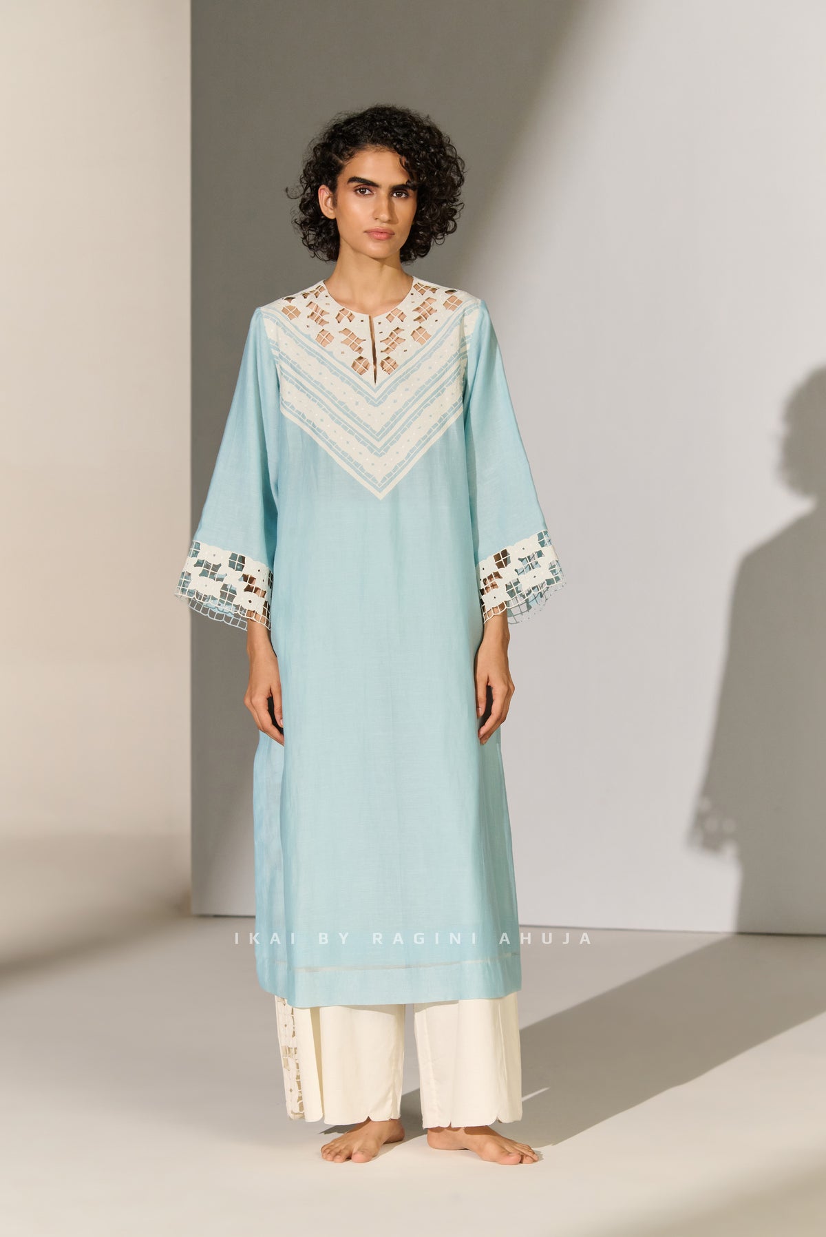 GEOMETRIC FLORAL NECK CUTWORK KAMEEZ SKY