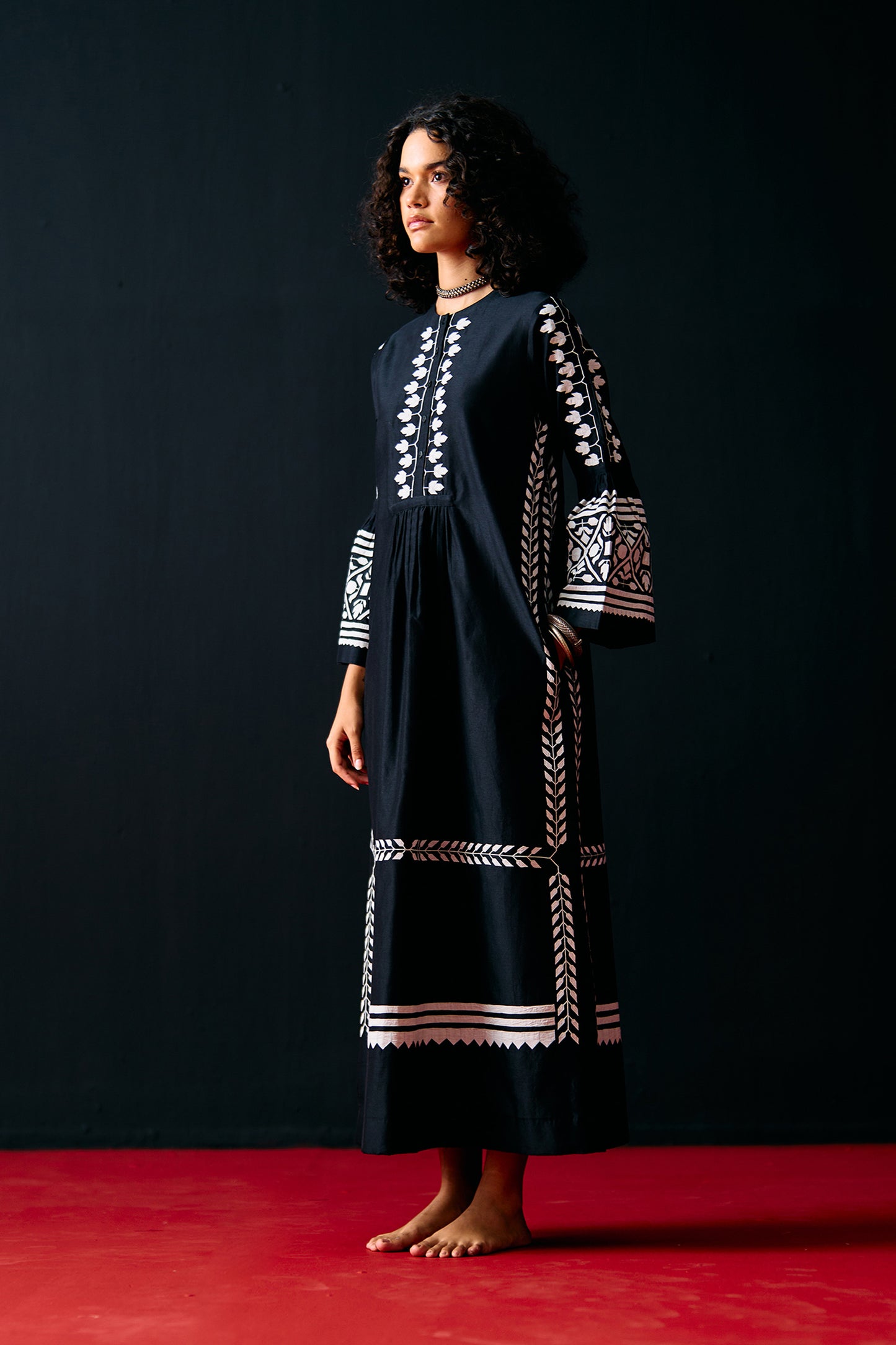 BLACK BELL SLEEVE APPLIQUE' DRESS