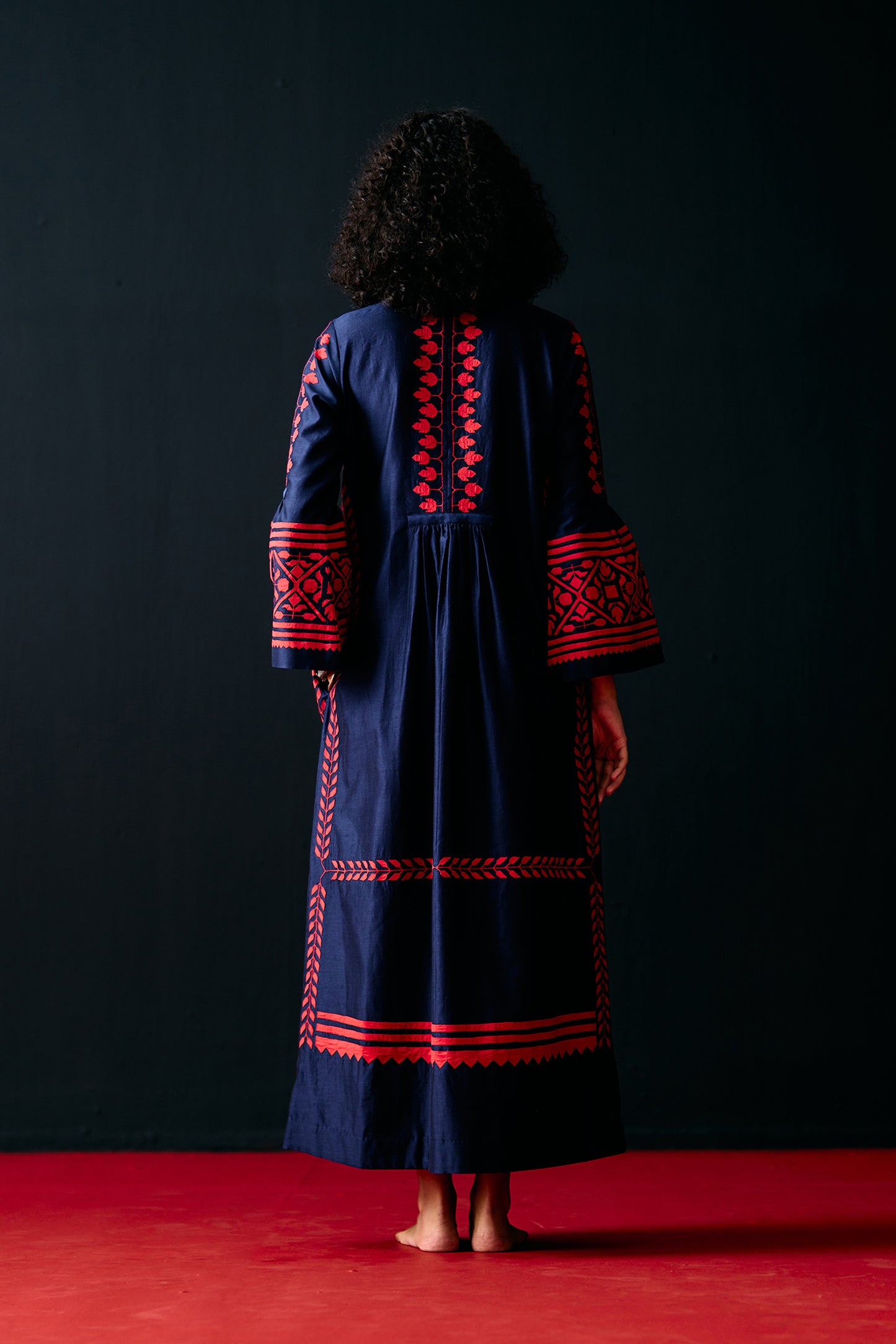 NAVY BELL SLEEVE APPLIQUE' DRESS