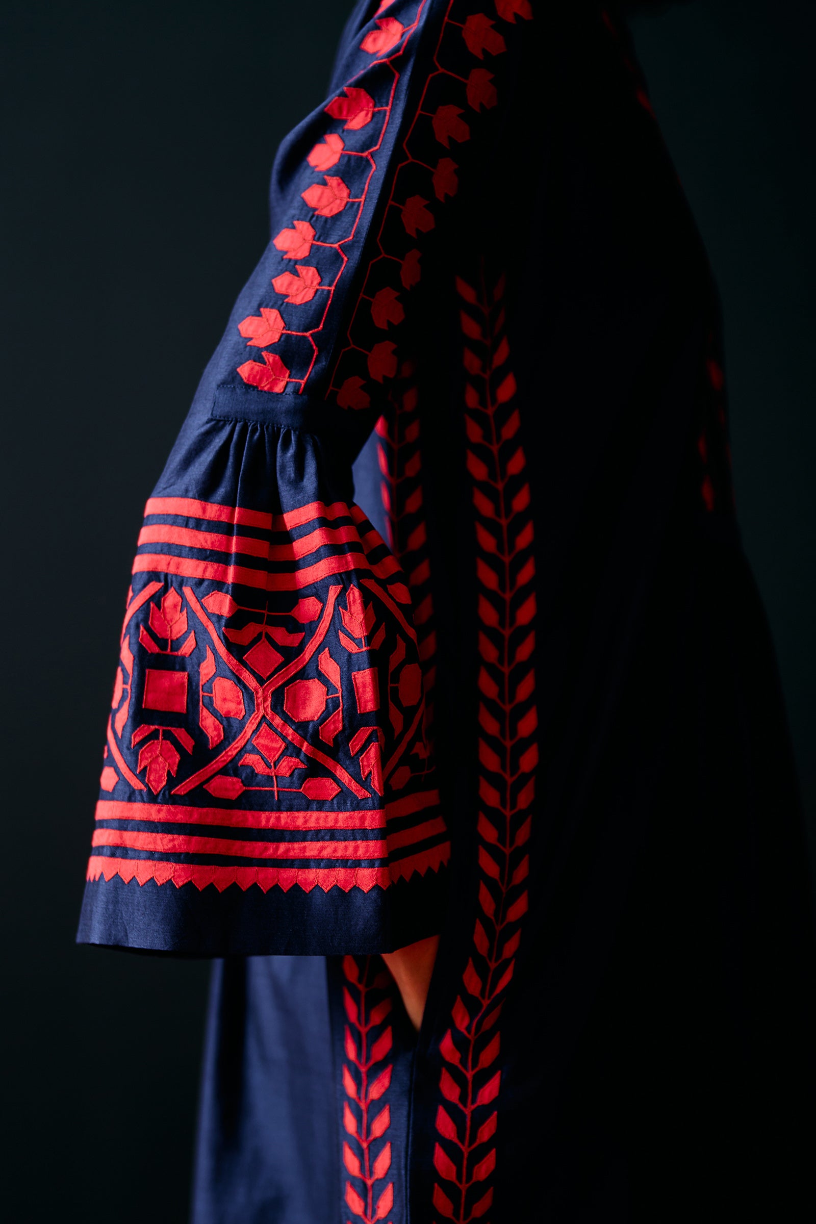 NAVY BELL SLEEVE APPLIQUE' DRESS