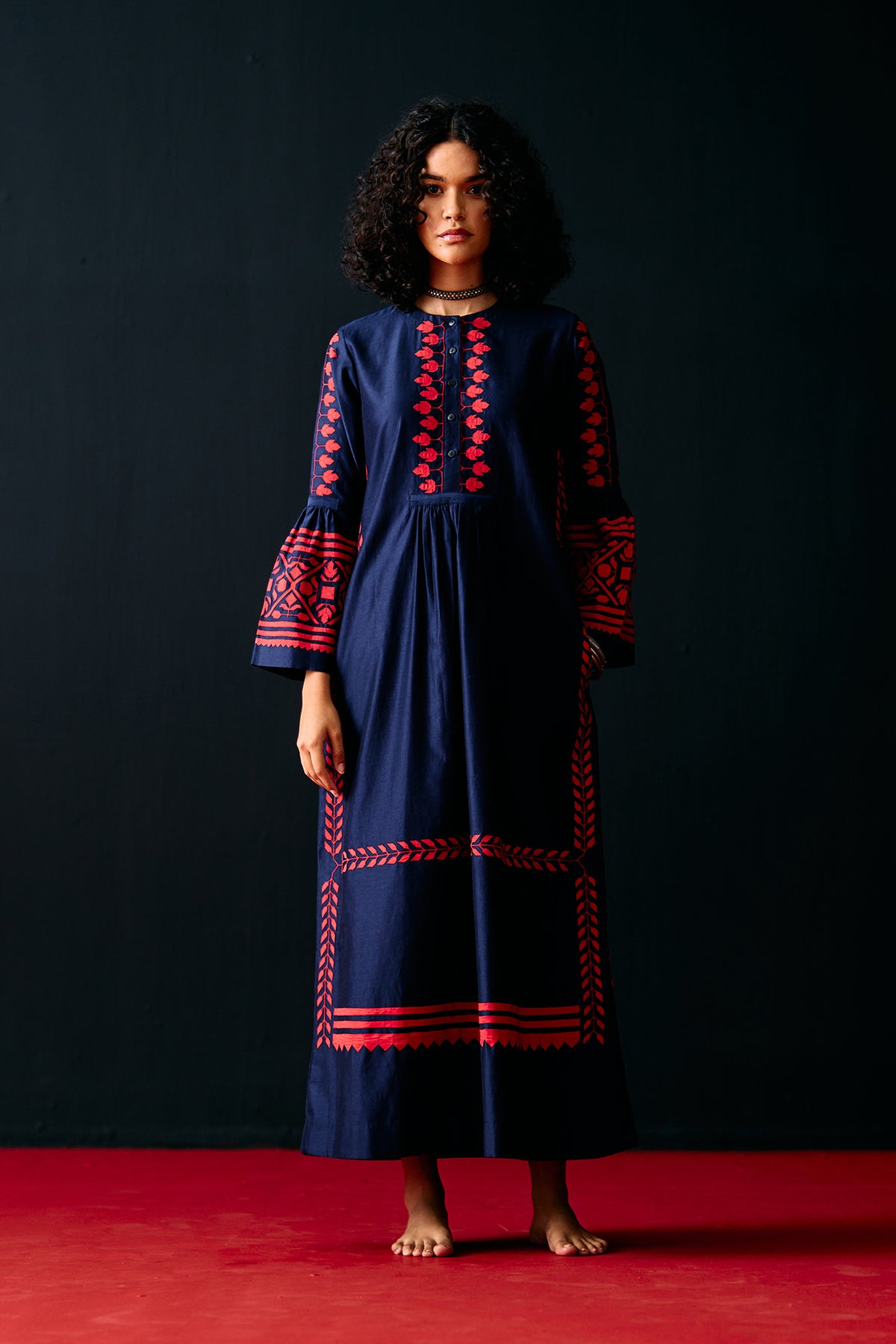 NAVY BELL SLEEVE APPLIQUE' DRESS