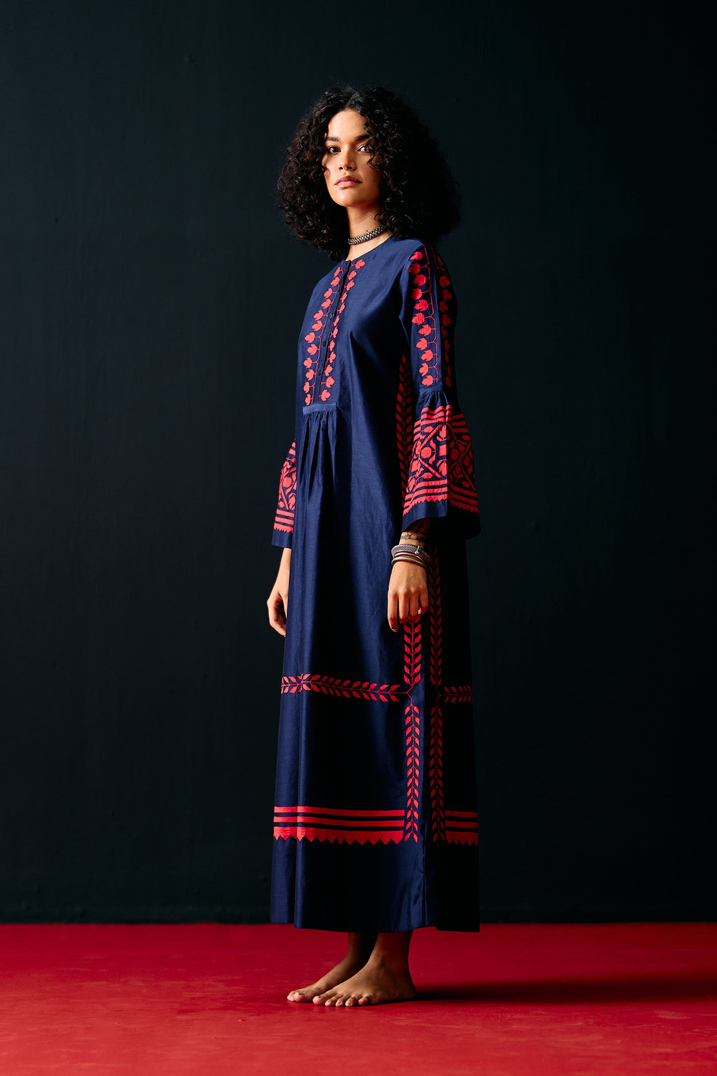NAVY BELL SLEEVE APPLIQUE' DRESS