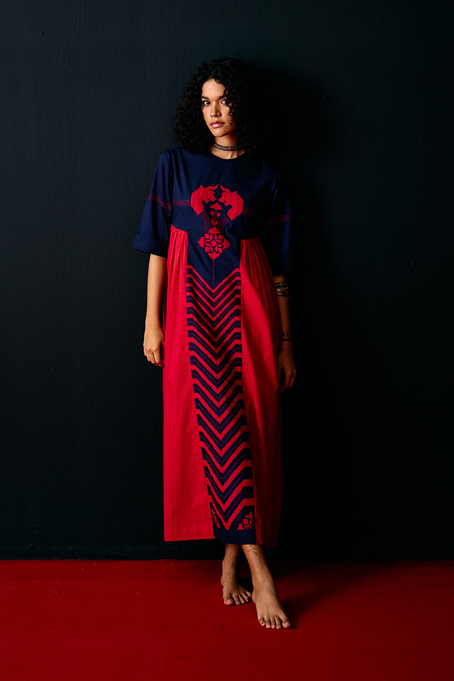 NAVY SIDE GATHER ANIMAL DRESS