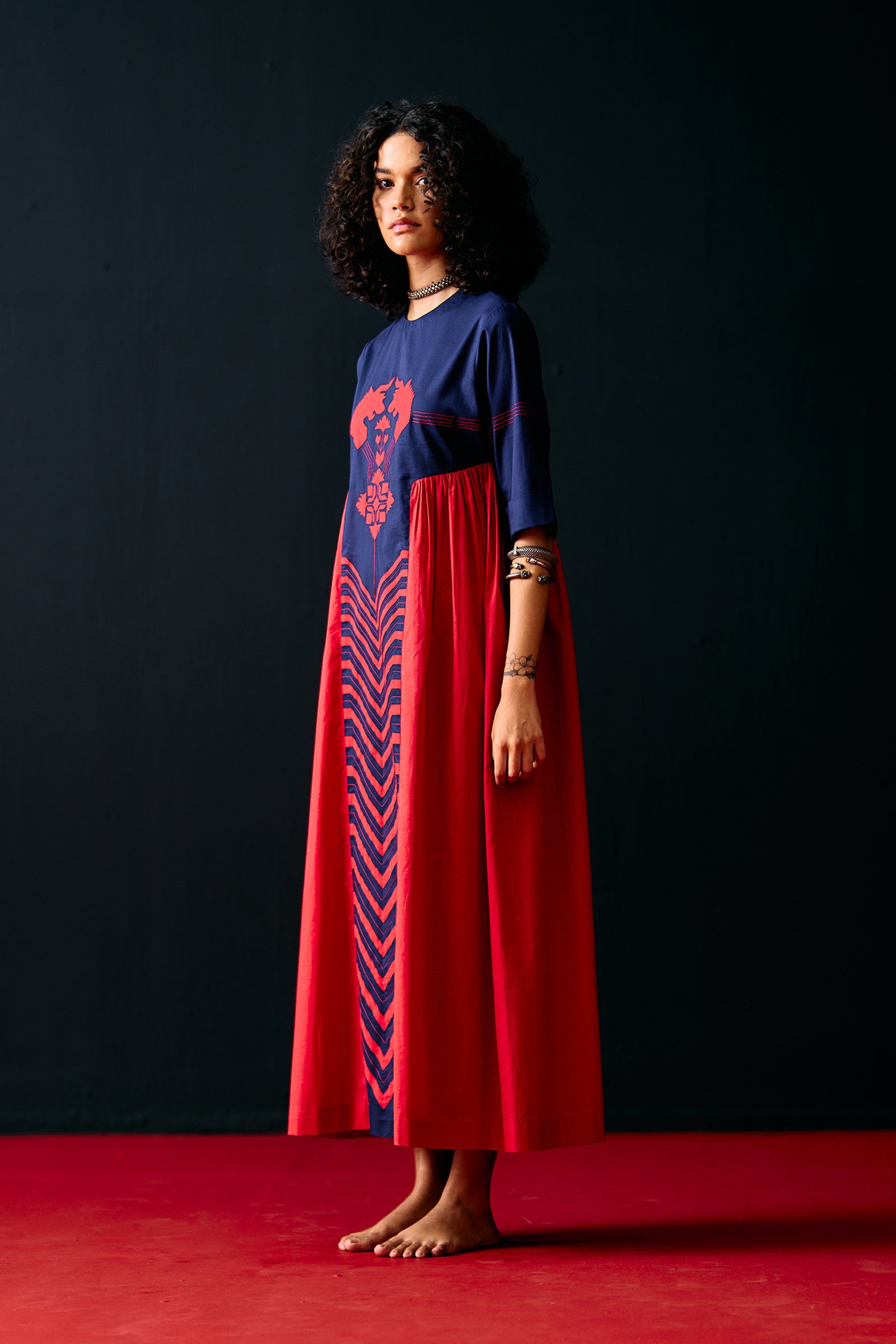 NAVY SIDE GATHER ANIMAL DRESS