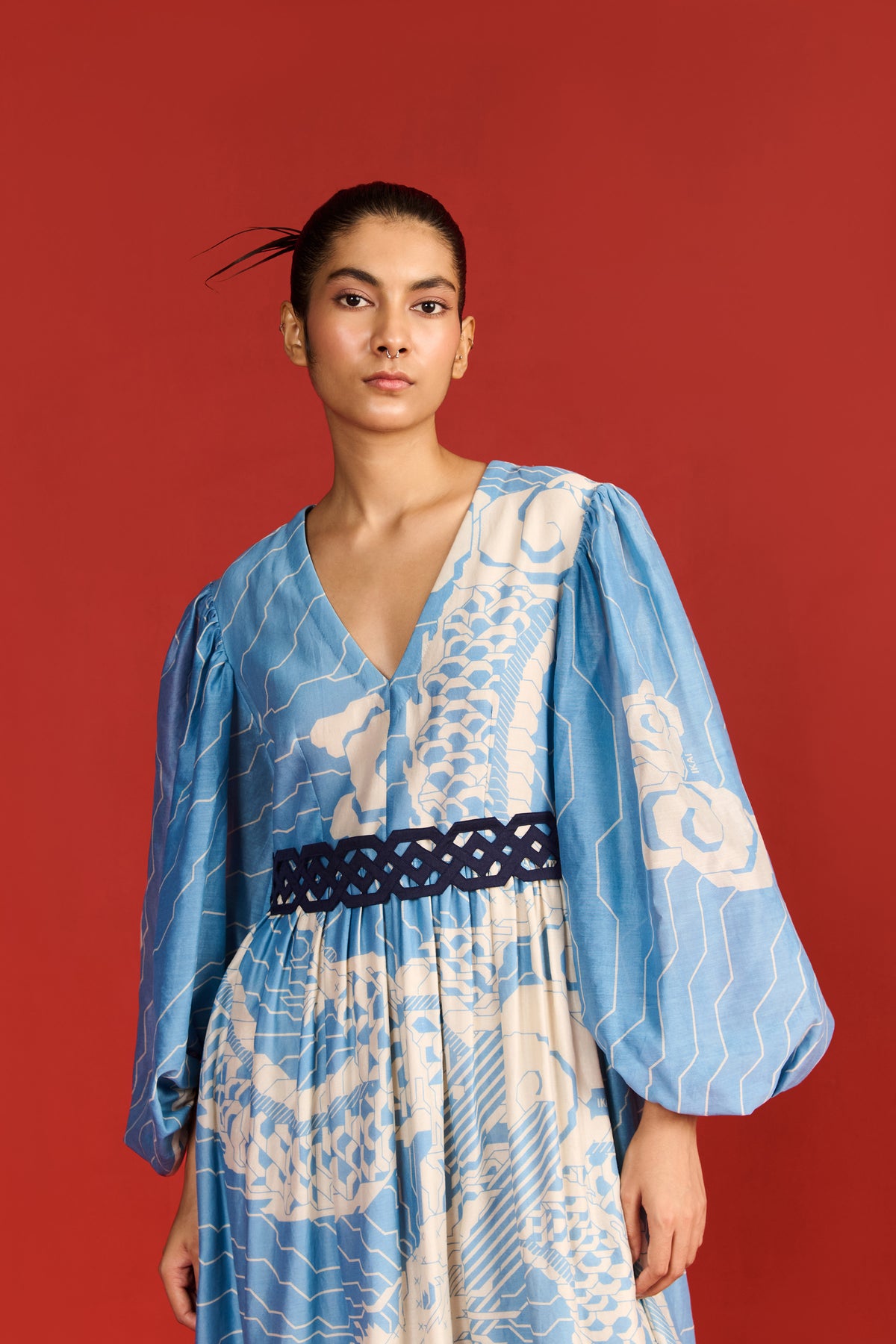 DRAGON PRINT WAIST GATHER LONG DRESS