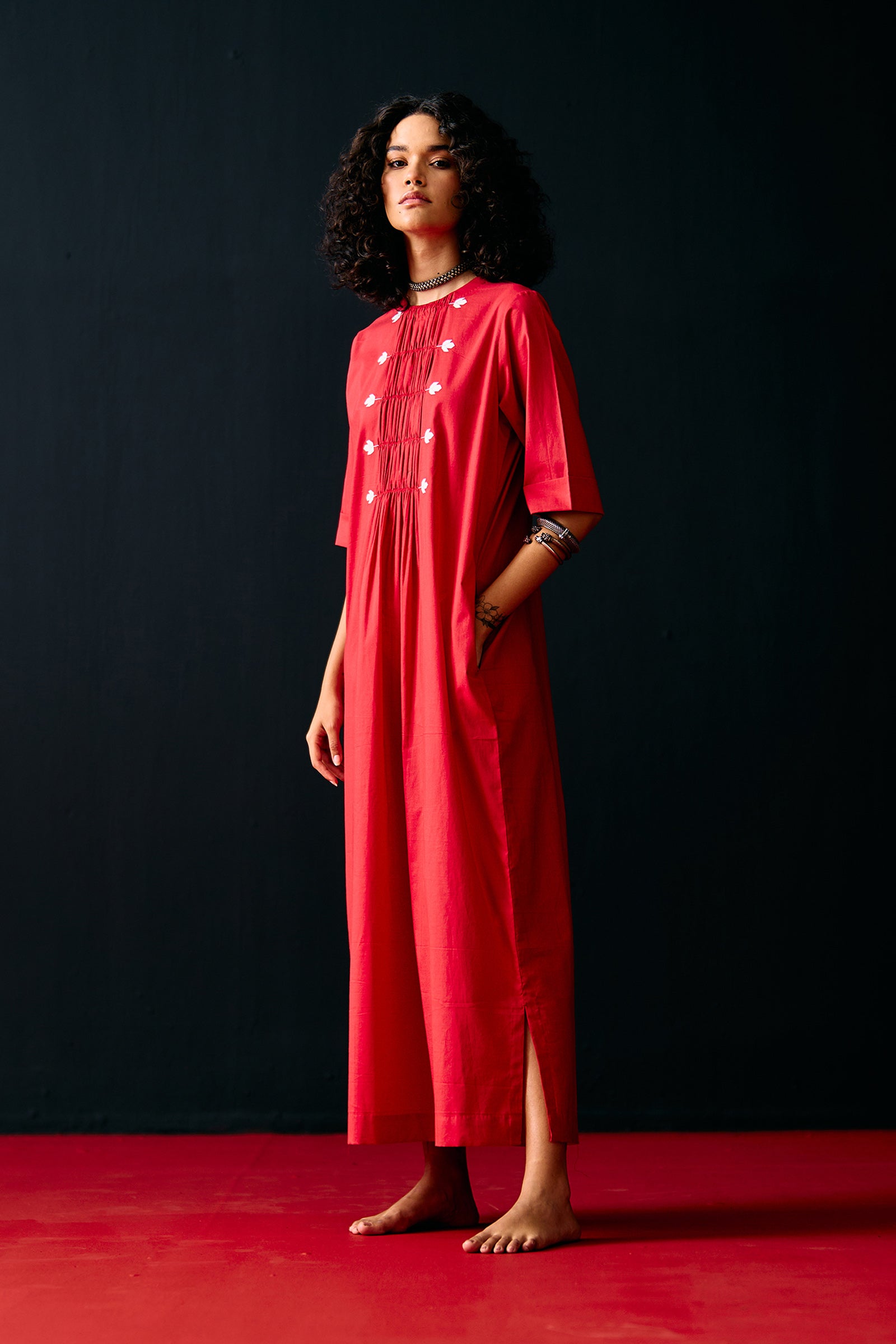 RED CENTRE GATHER DRESS