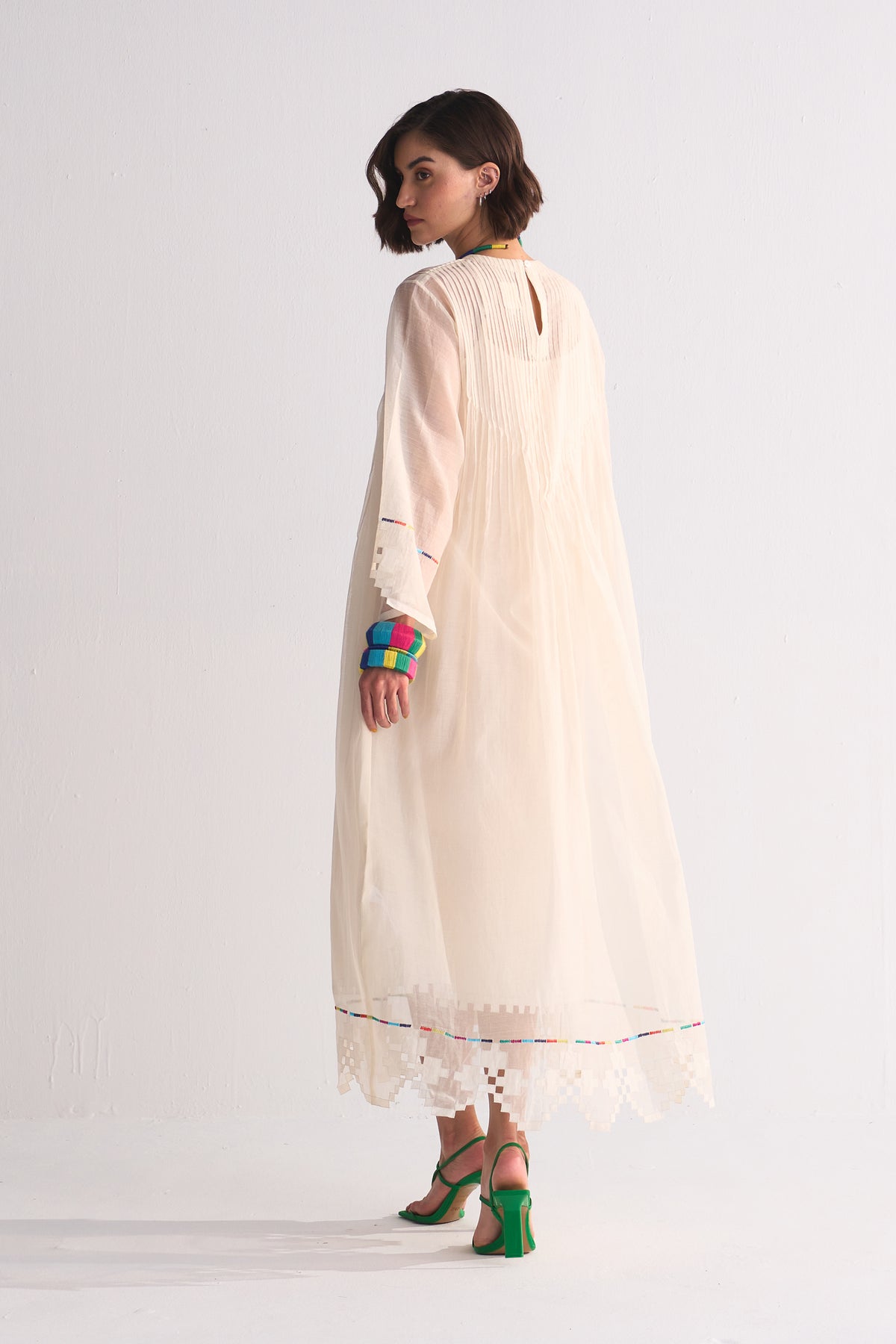 SUPER PLEATED DRESS WITH APPLIQUE', CUTWORK AND THREAD