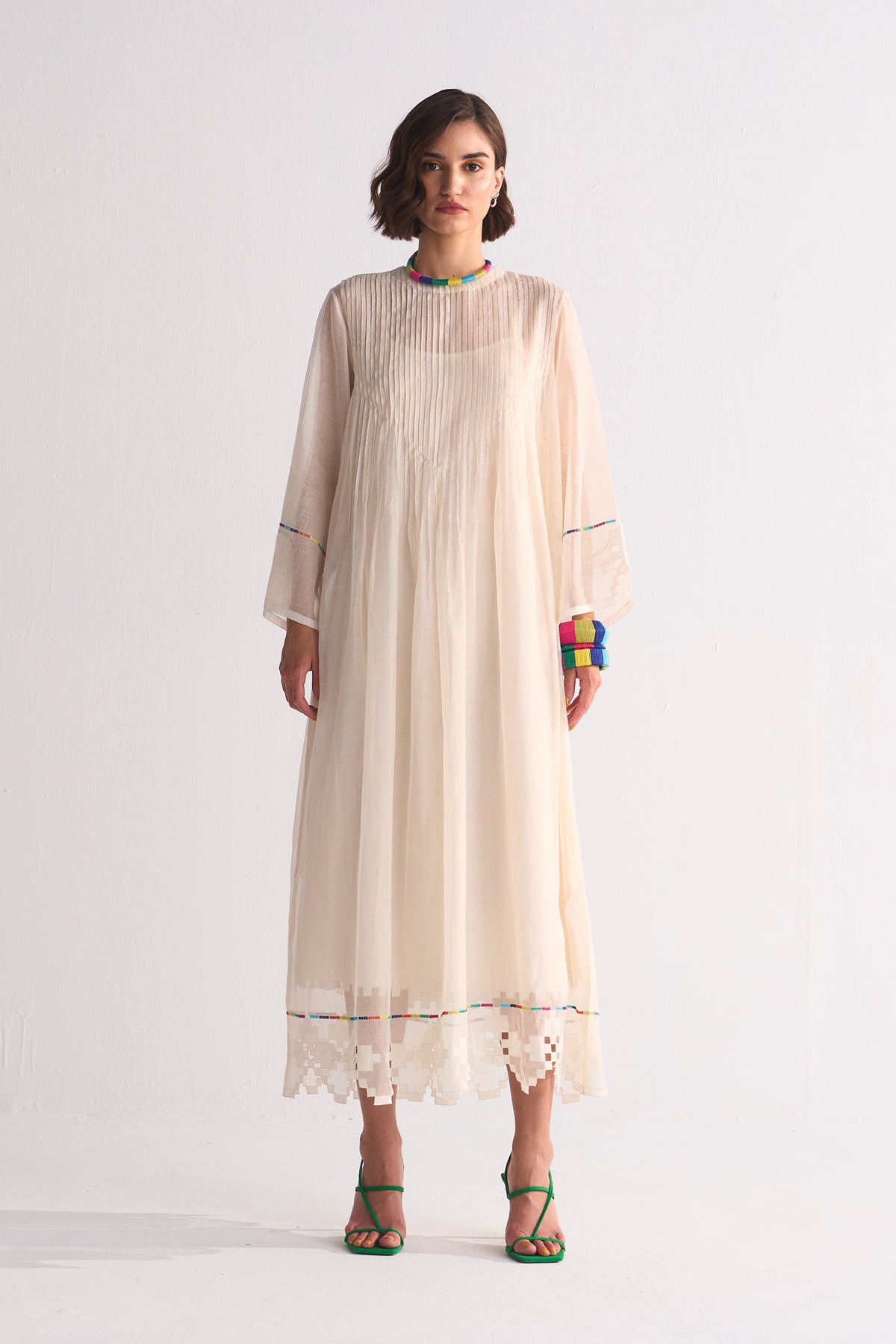SUPER PLEATED DRESS WITH APPLIQUE', CUTWORK AND THREAD