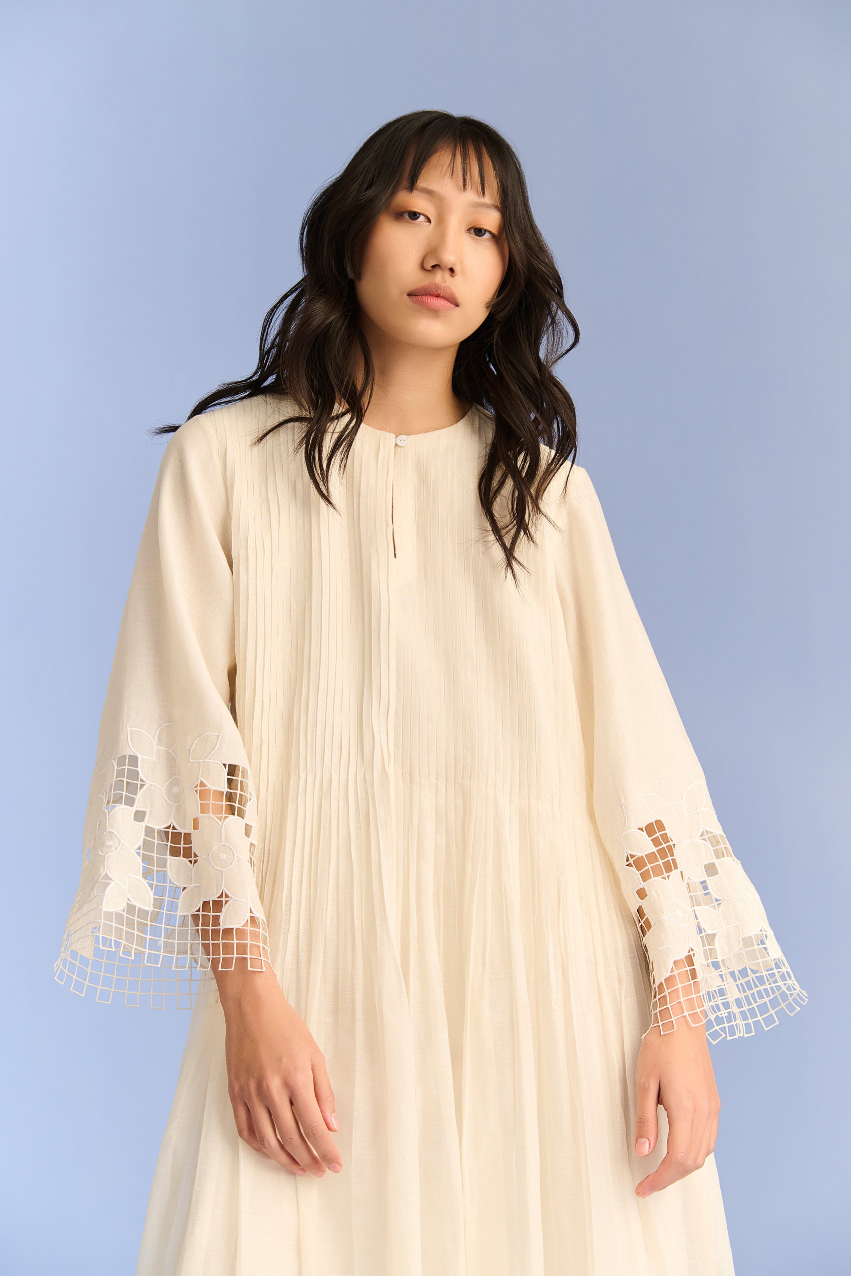 APPLIQUE' AND CUTWORK SUPER PLEATED DRESS