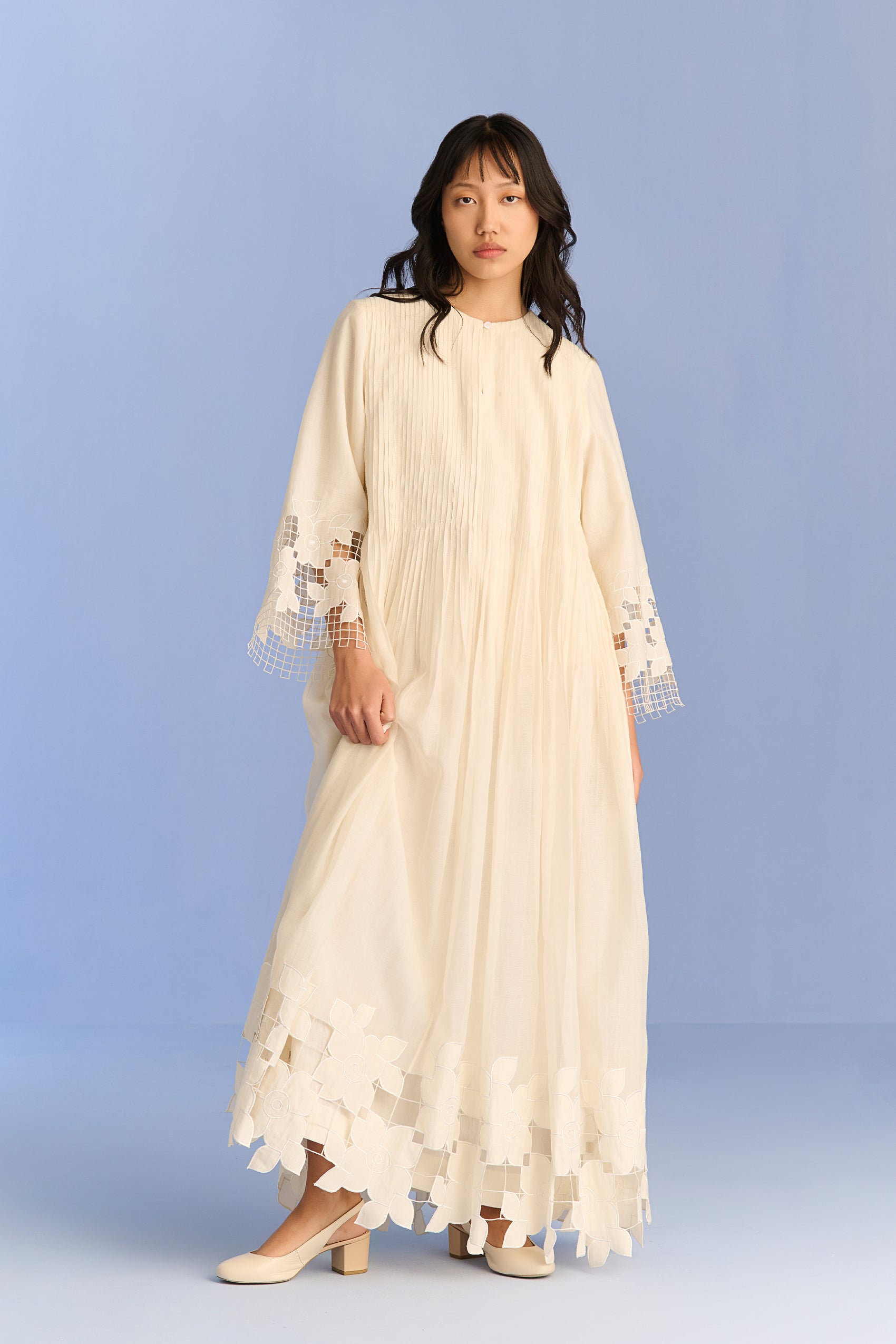 APPLIQUE' AND CUTWORK SUPER PLEATED DRESS