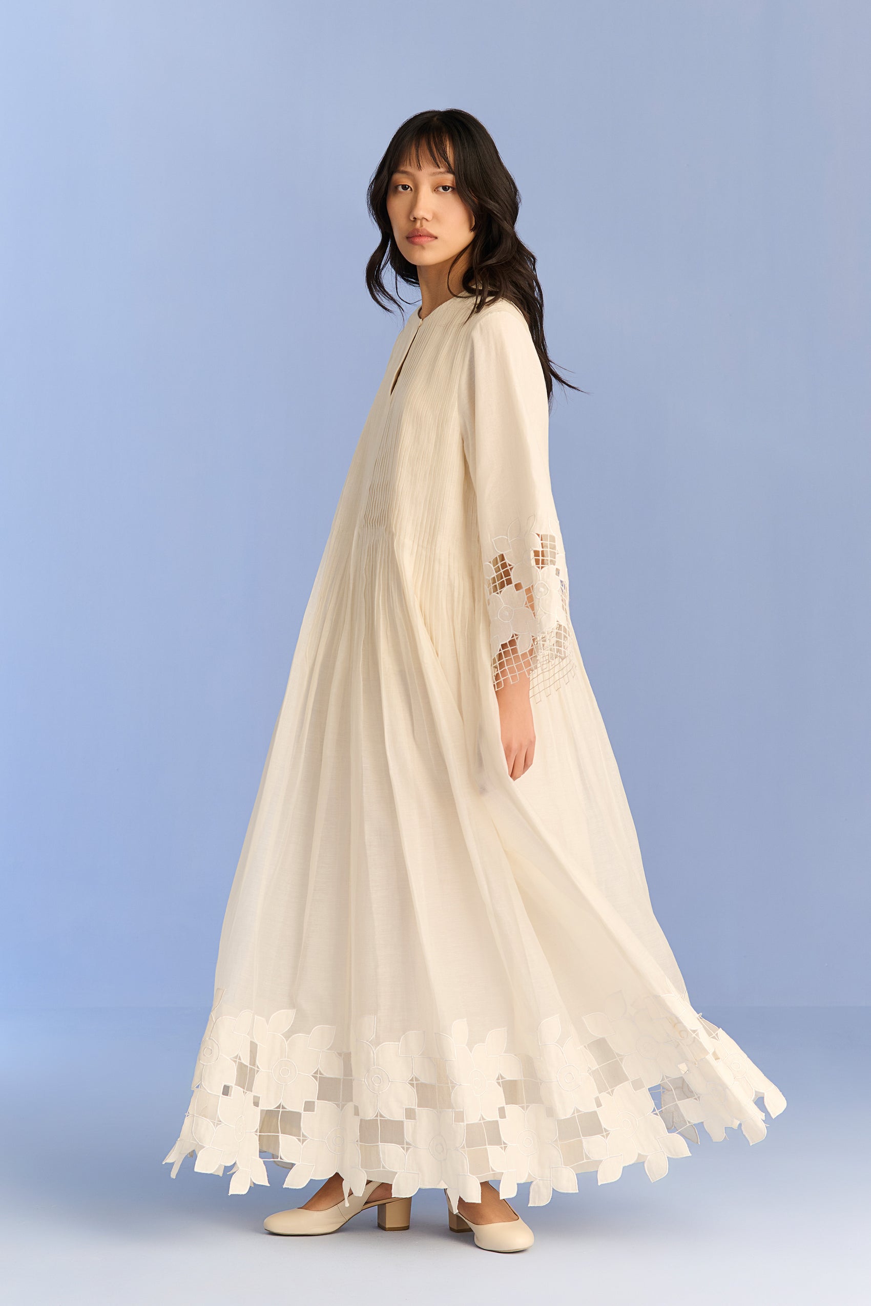 APPLIQUE' AND CUTWORK SUPER PLEATED DRESS