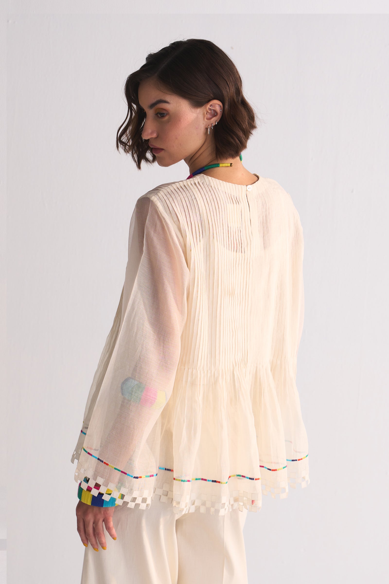 SUPER PLEATED BLOUSE WITH APPLIQUE', CUTWORK AND THREAD