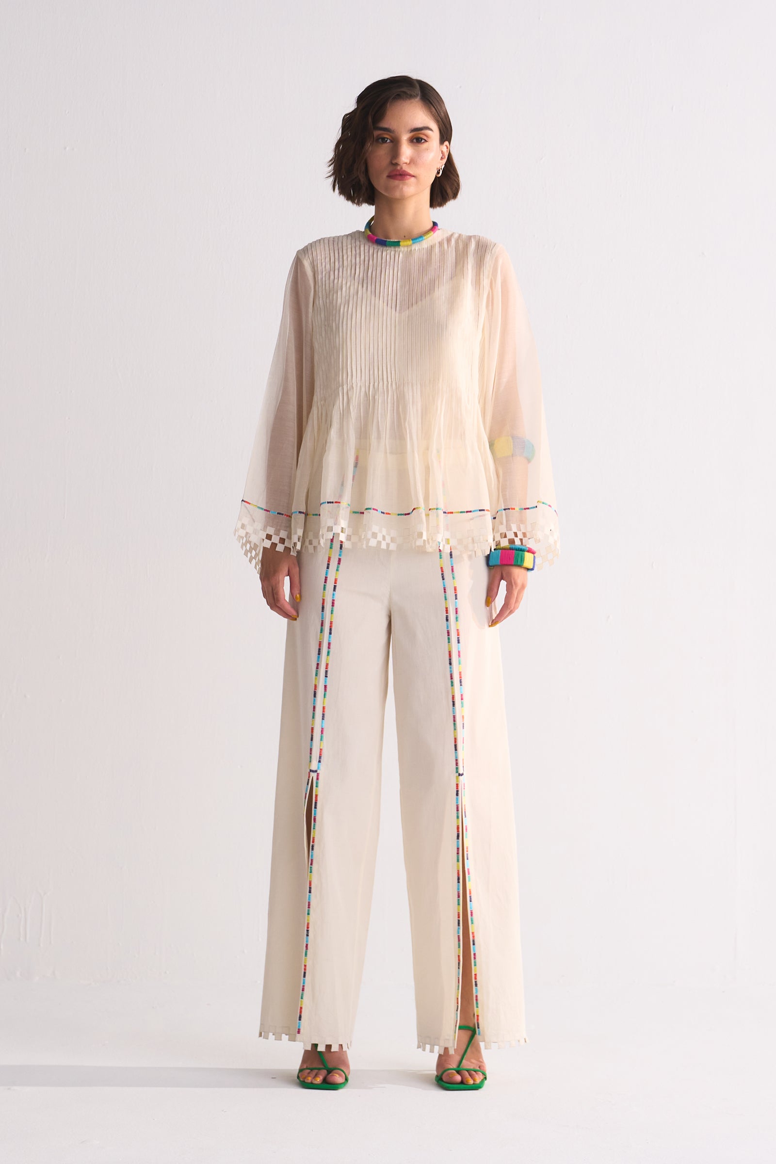 SUPER PLEATED BLOUSE WITH APPLIQUE', CUTWORK AND THREAD