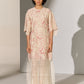 CINCHED WAIST DRESS WITH GEOMETRIC FLORAL CUTWORK