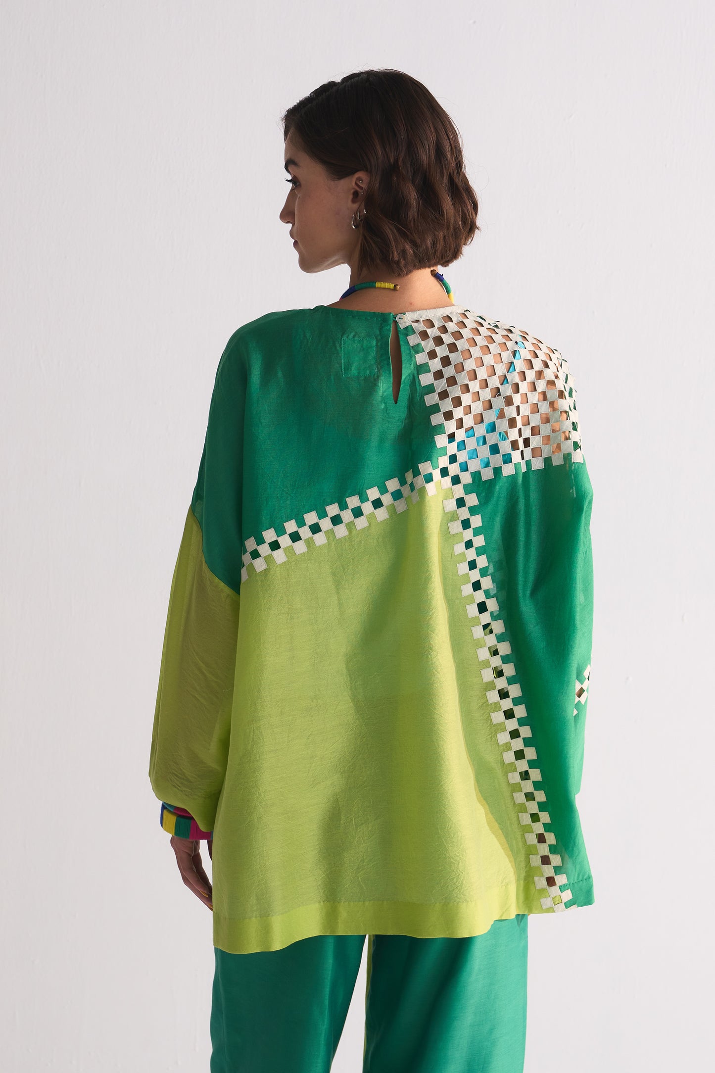 GEOMETRIC CUTWORK COLOUR BLOCKED BOX SHIRT