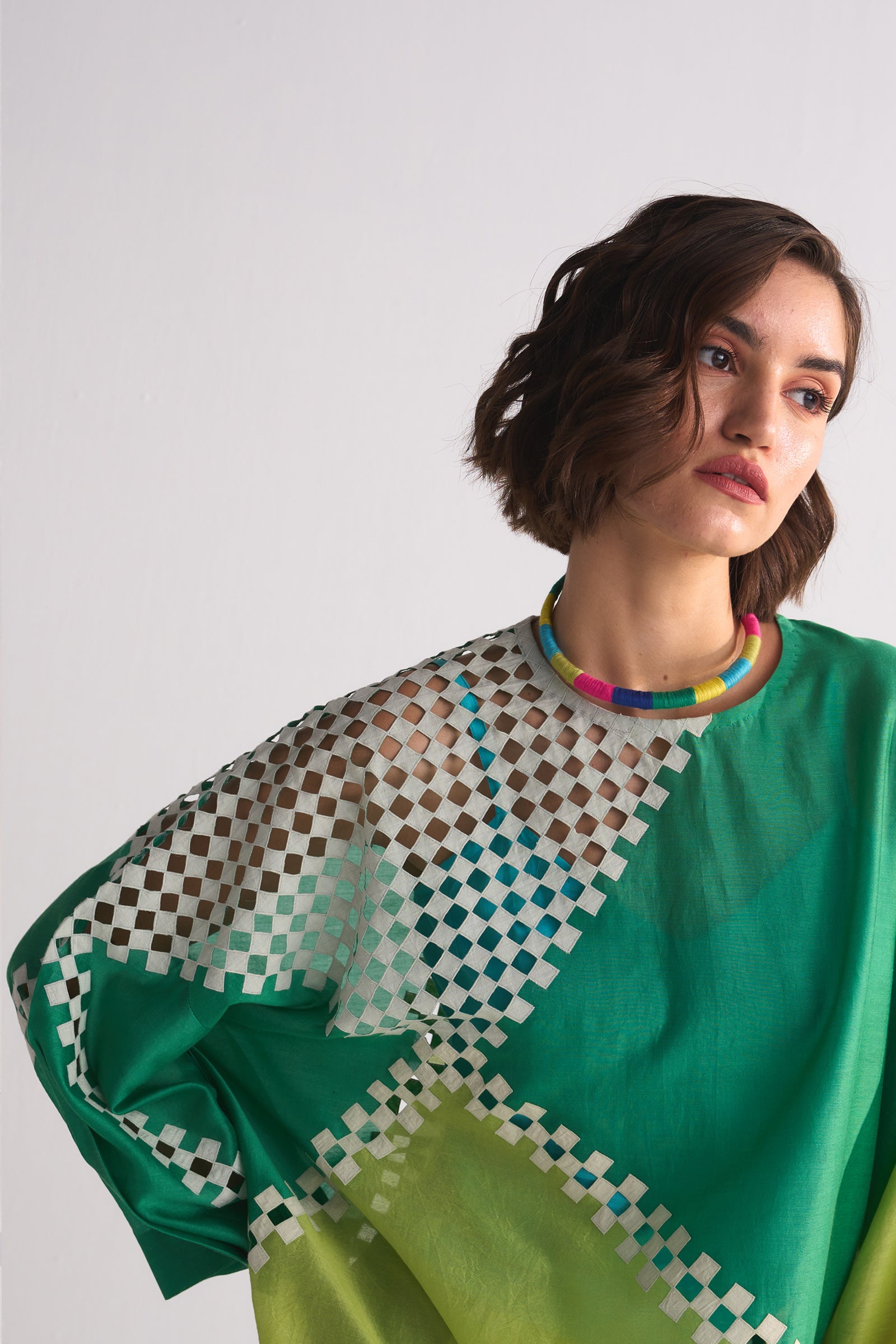 GEOMETRIC CUTWORK COLOUR BLOCKED BOX SHIRT