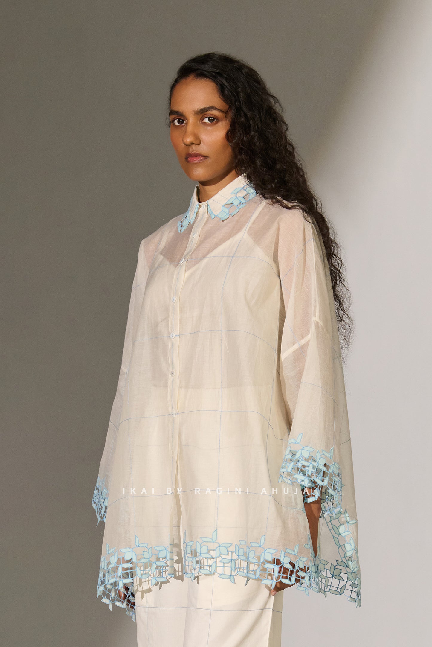 GEOMETRIC FLORAL CUTWORK KAFTAN SHIRT