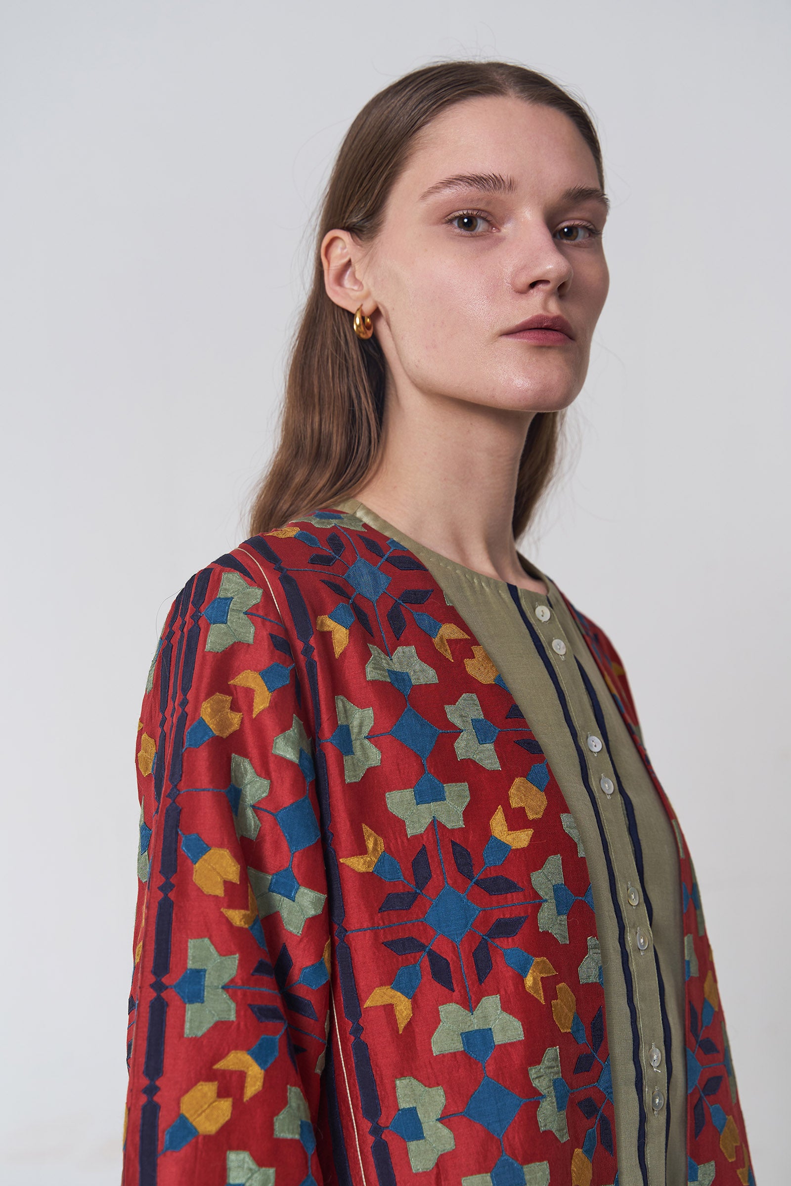 A-LINE GEOMETRIC FLORAL JACKET